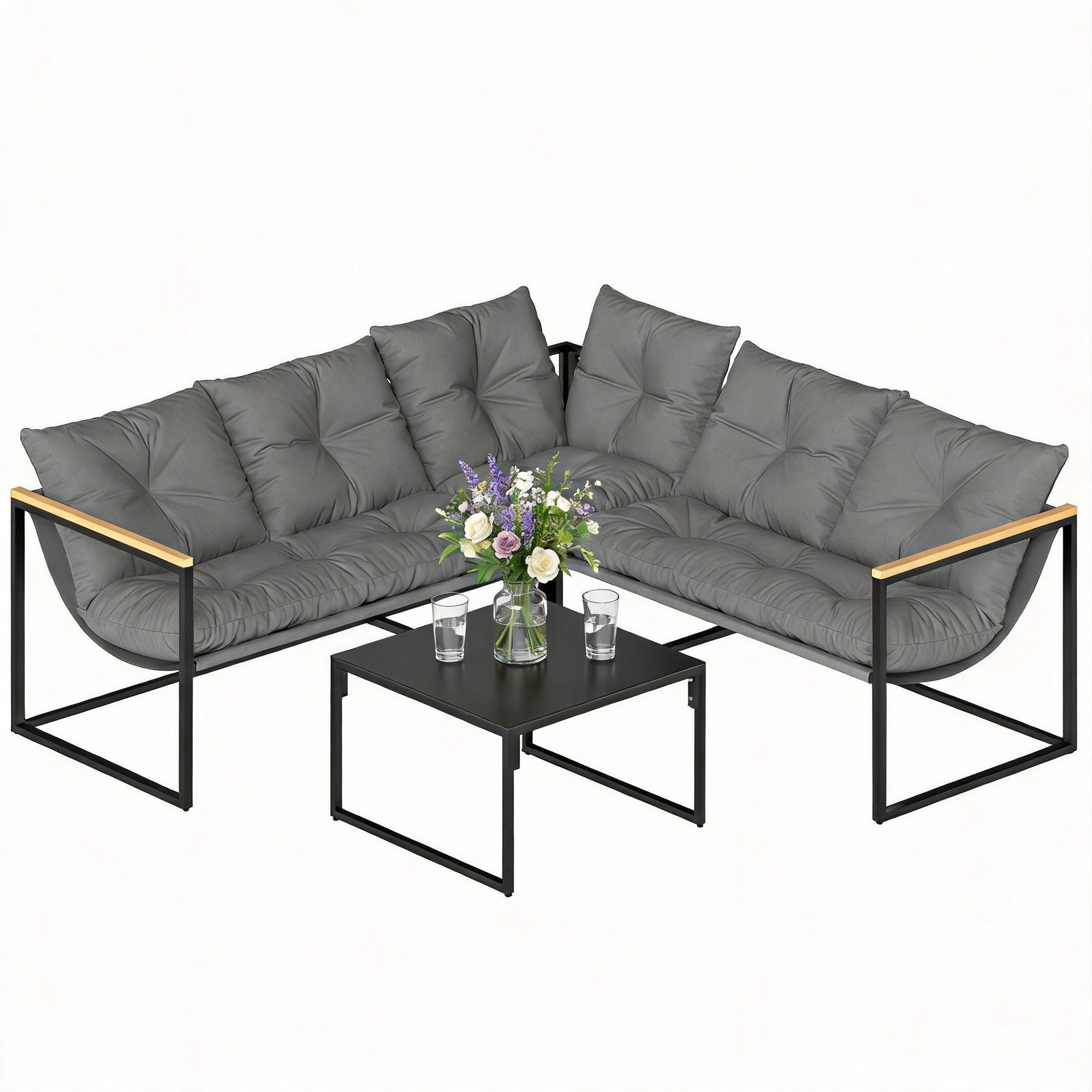 Outsunny Conjunto de Muebles Jardín Exterior de 4 Piezas, Sofá Exterior Seccional Resistente Forma de L con Cojines Gruesos, 2 Sofás de 2 Plazas, Sofá de Esquina y Mesa Centro de Vidrio Templado, Gris