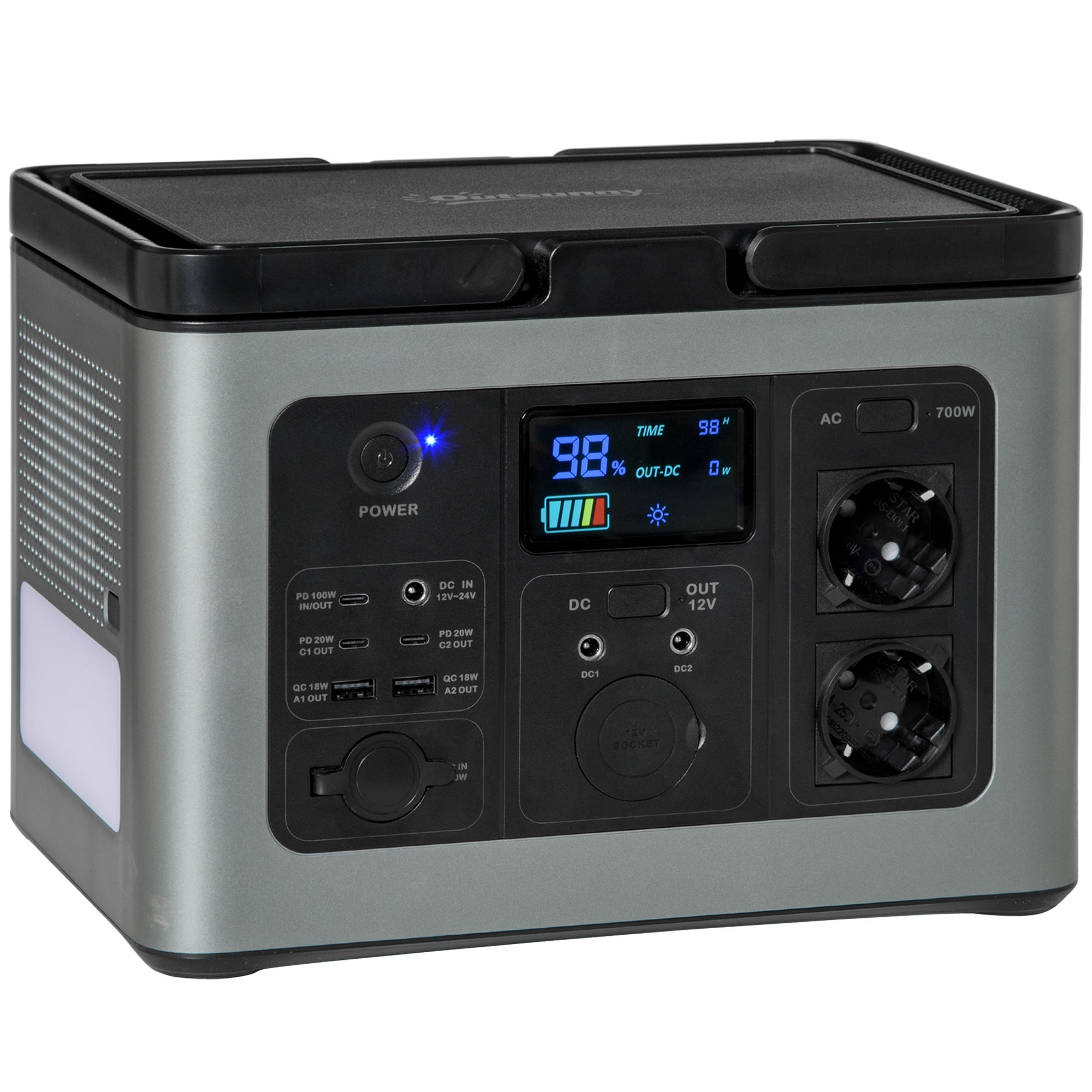 Outsunny Estación de Energía Portátil con Batería LiFeP04 de 614,4 Wh Salidas de AC Type-C USB Generador Eléctrico con Linterna LED de 2 Modos Pantalla LCD para Viaje Emergencia Camping 29x20,5x21 cm