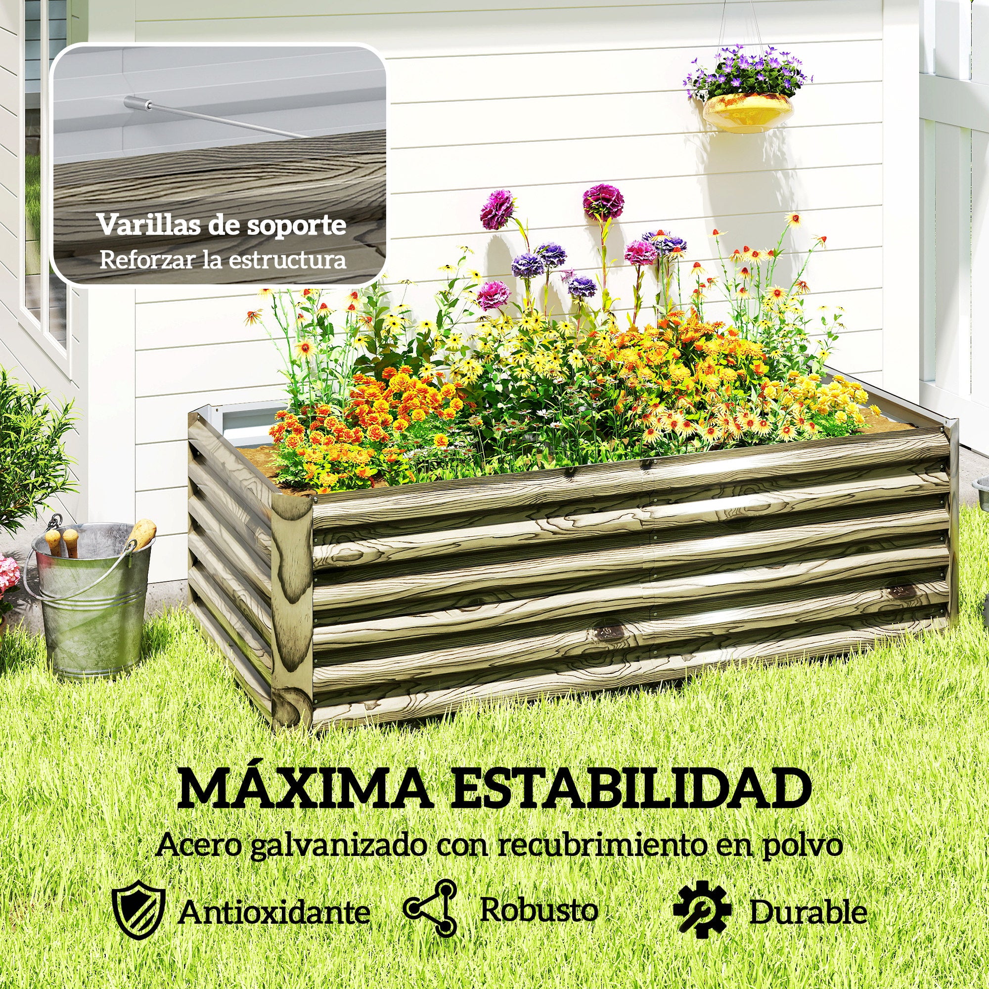 Outsunny Jardinera Exterior Grande Rectangular de Acero Galvanizado, Huerto Urbano para Cultivar Plantas, Macetero Grande Exterior con Base Abierta, Resistente a la Intemperie, 180x90x57,5 cm, Natural