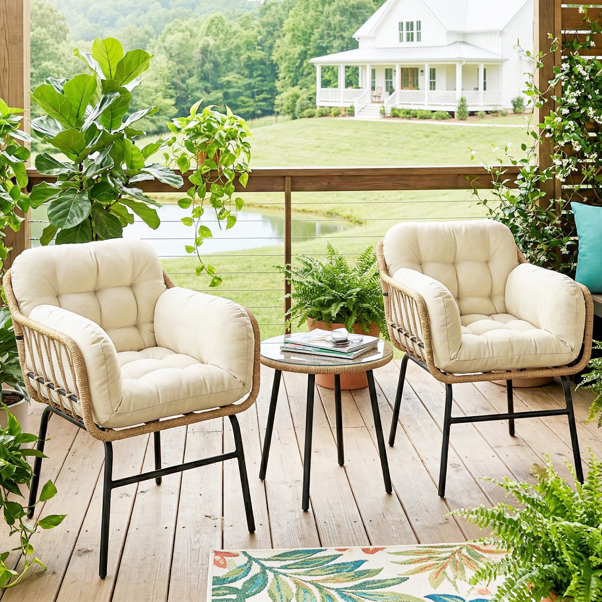 Outsunny Conjunto de Jardín Exterior de 3 Piezas, Muebles Jardín Exterior de Ratán PE, 2 Sillas con Cojines Suaves y Mesa de Vidrio Templado, Resistente a la Intemperie, para Balcón, Patio, Caqui