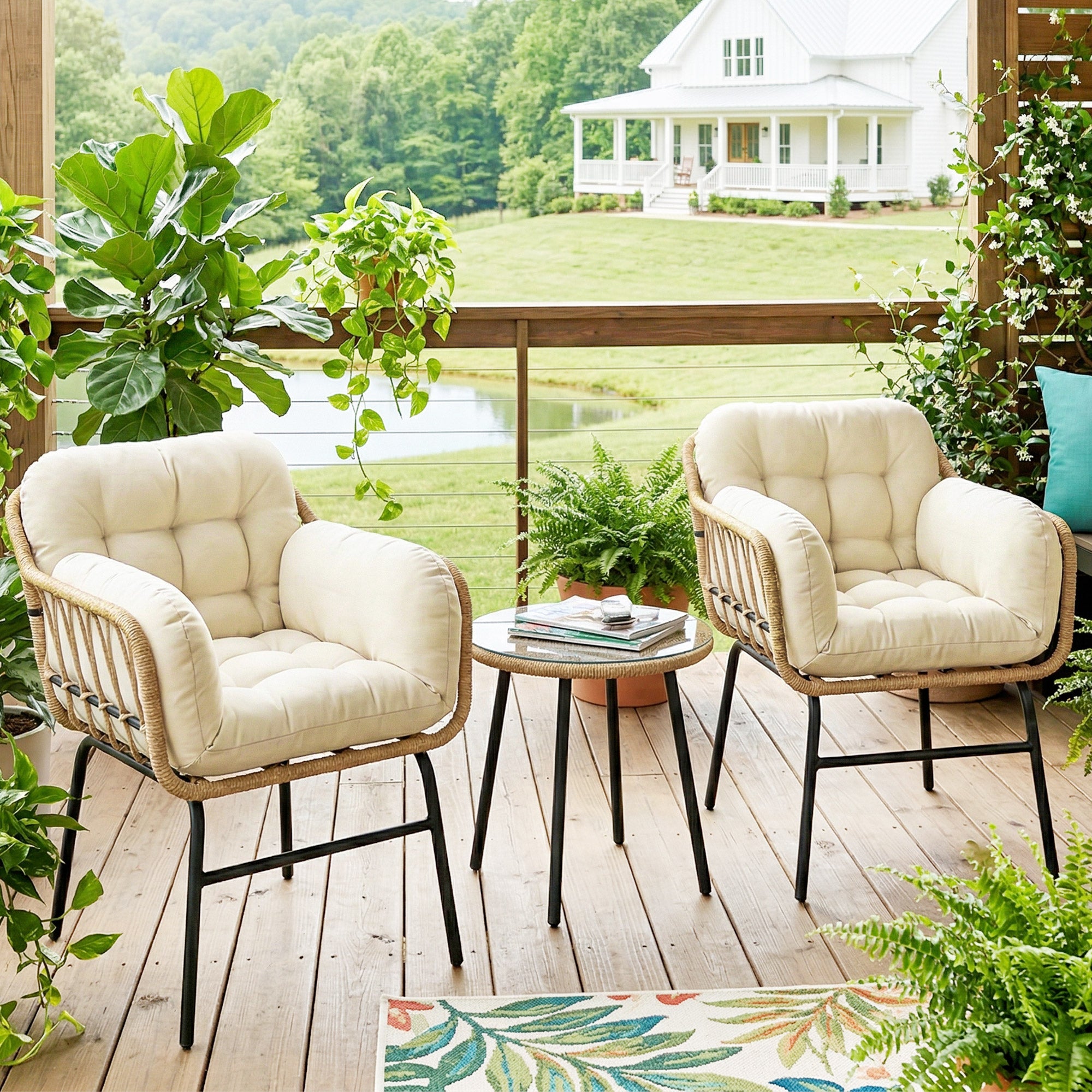 Outsunny Conjunto de Jardín Exterior de 3 Piezas, Muebles Jardín Exterior de Ratán PE, 2 Sillas con Cojines Suaves y Mesa de Vidrio Templado, Resistente a la Intemperie, para Balcón, Patio, Caqui