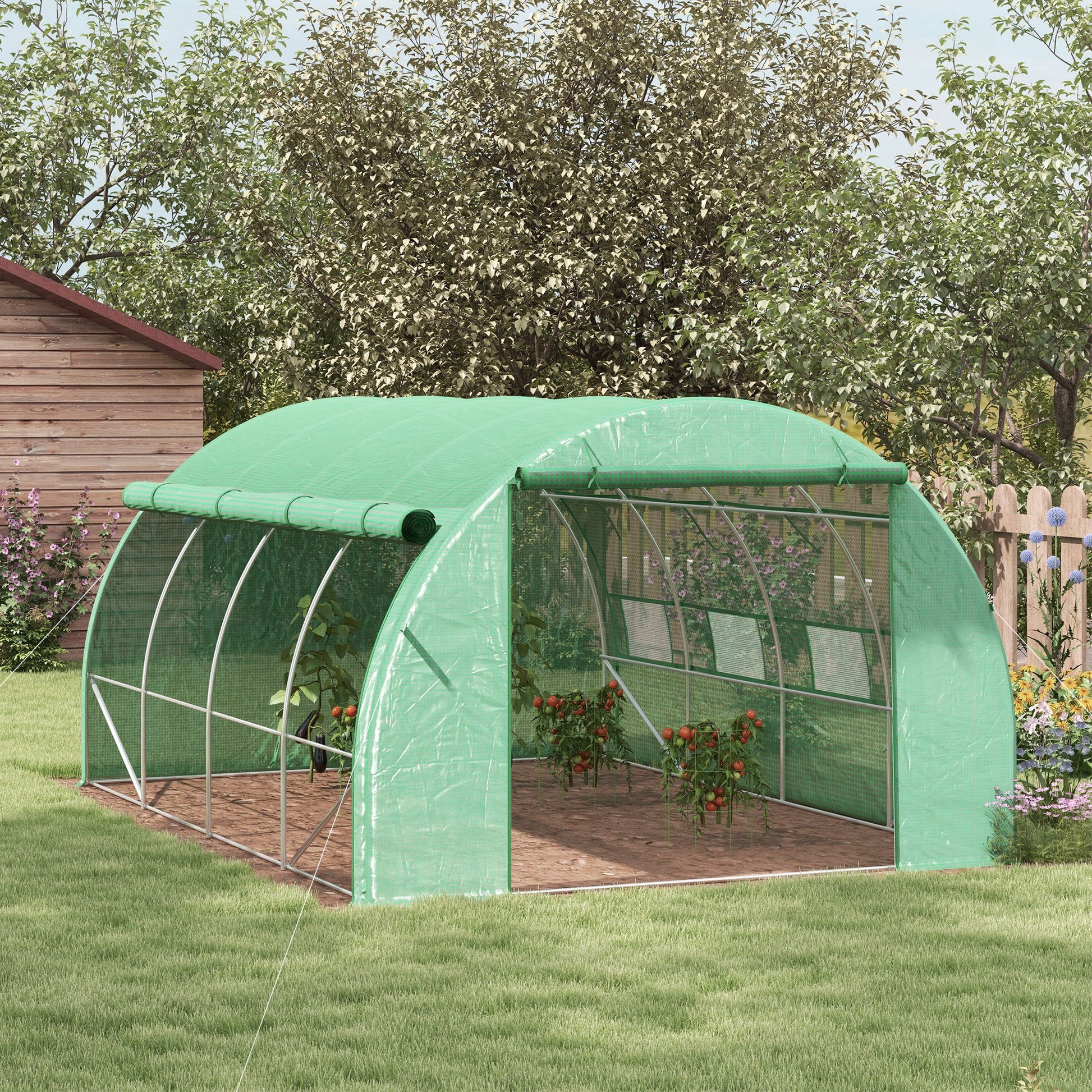 Outsunny Invernadero de Exterior 4x3x2 m Invernadero de Túnel con Puerta y 8 Ventanas de Malla Enrollables Invernadero de Huerto para Patio Jardín Verde