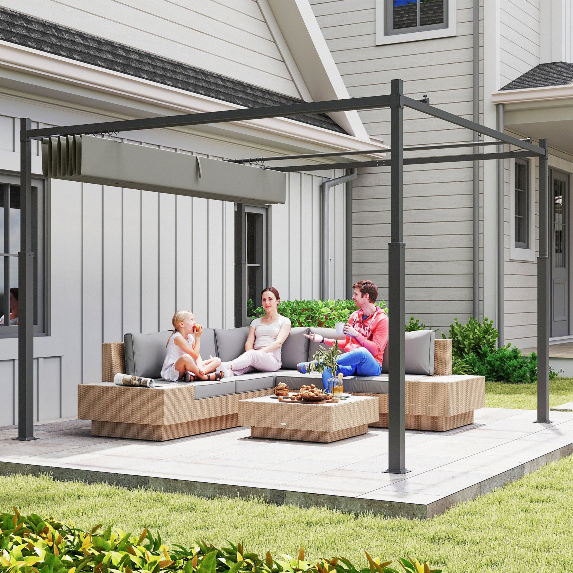 Outsunny Pérgola de Jardín 3x3 m con Techo Retráctil y Accesorio Magnético, Cenador de Jardín con Protección UV30+, Columnas Metálicas y Ganchos, Pabellón para Patio, Terraza, Exterior, Gris