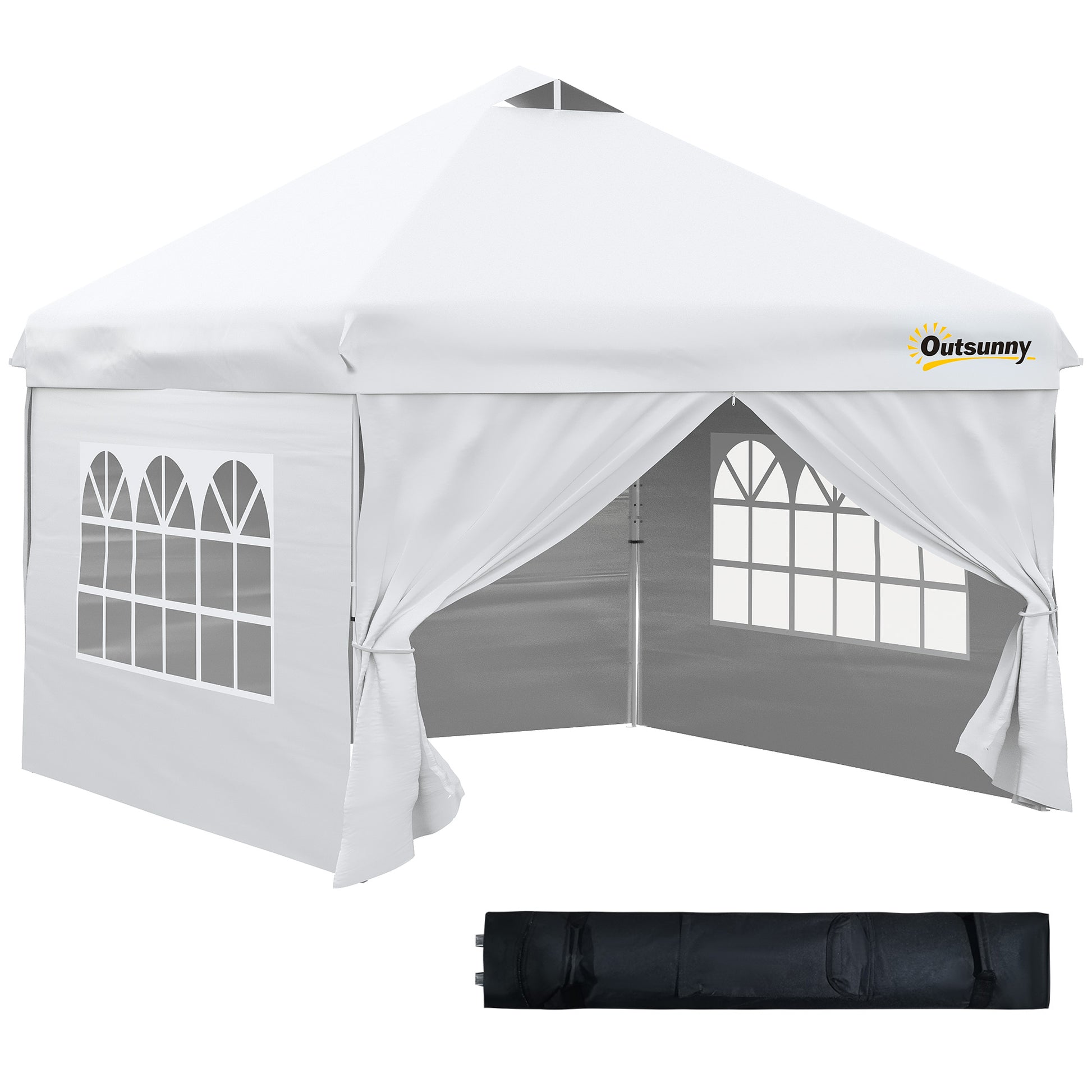Outsunny Carpa Plegable 3x3 m con Altura Ajustable de 3 Niveles Cenador de Jardín con 4 Paredes Extraíbles 2 Ventanas 4 Sacos de Arena y Bolsa de Transporte Gazebo para Exterior Camping Blanco