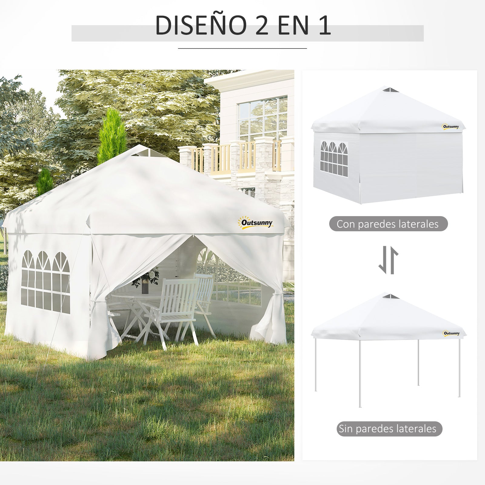Outsunny Carpa Plegable 3x3 m con Altura Ajustable de 3 Niveles Cenador de Jardín con 4 Paredes Extraíbles 2 Ventanas 4 Sacos de Arena y Bolsa de Transporte Gazebo para Exterior Camping Blanco