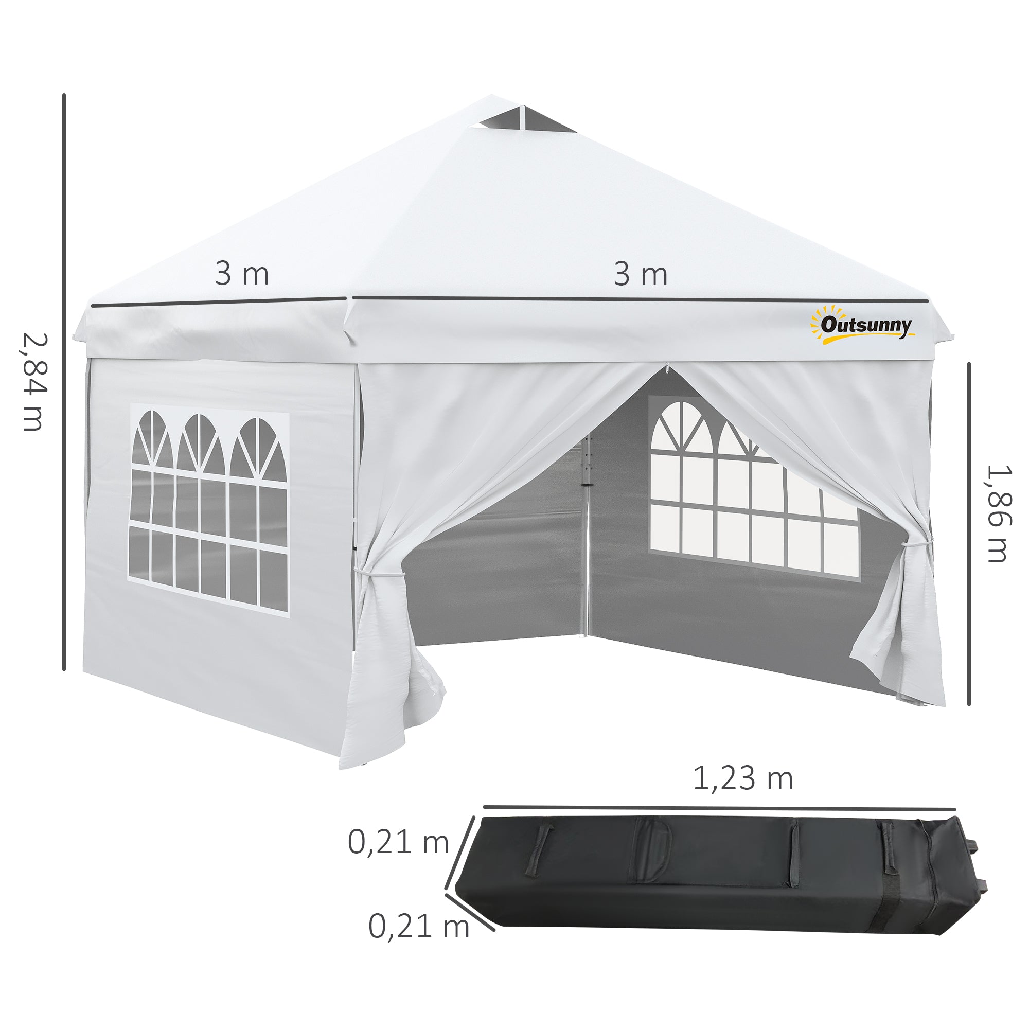 Outsunny Carpa Plegable 3x3 m con Altura Ajustable de 3 Niveles Cenador de Jardín con 4 Paredes Extraíbles 2 Ventanas 4 Sacos de Arena y Bolsa de Transporte Gazebo para Exterior Camping Blanco