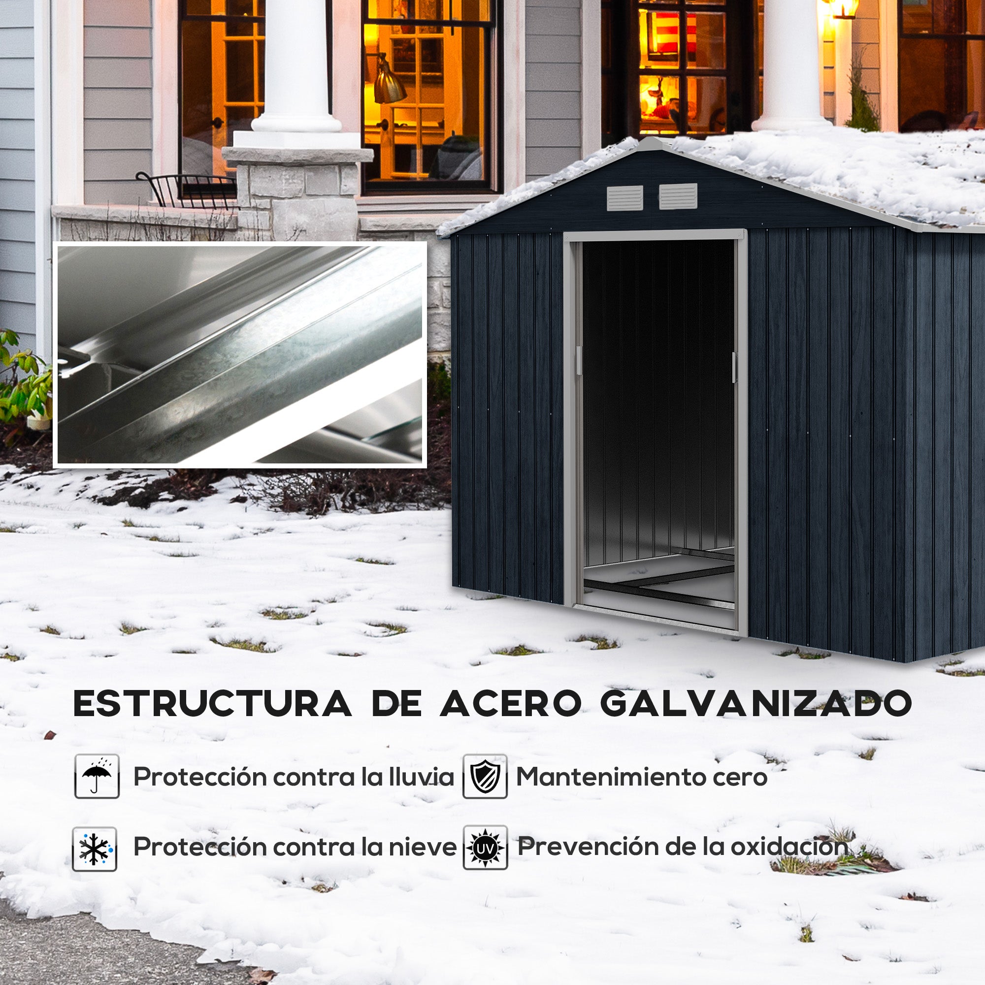 Outsunny Caseta de Jardín Exterior 4,9 m² 277x195x192 cm Cobertizo de Jardín Exterior con Puerta Corredera Techo Inclinado Base Refuerzo (Suelo NO Incluido) y 4 Ventanas Gris Oscuro