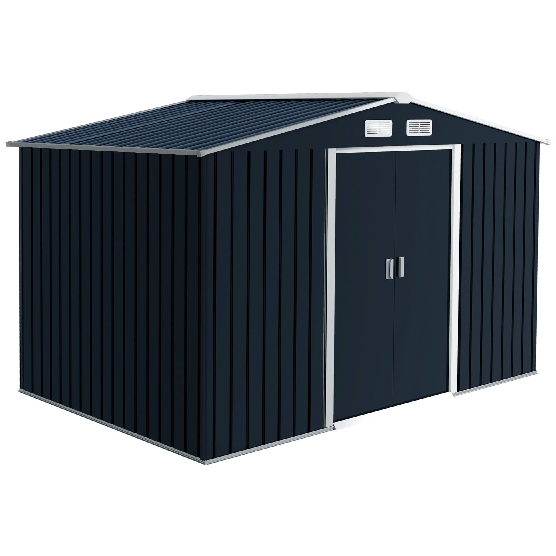 Outsunny Caseta de Jardín Exterior 4,9 m² 277x195x192 cm Cobertizo de Jardín Exterior con Puerta Corredera Techo Inclinado Base Refuerzo (Suelo NO Incluido) y 4 Ventanas Gris Oscuro