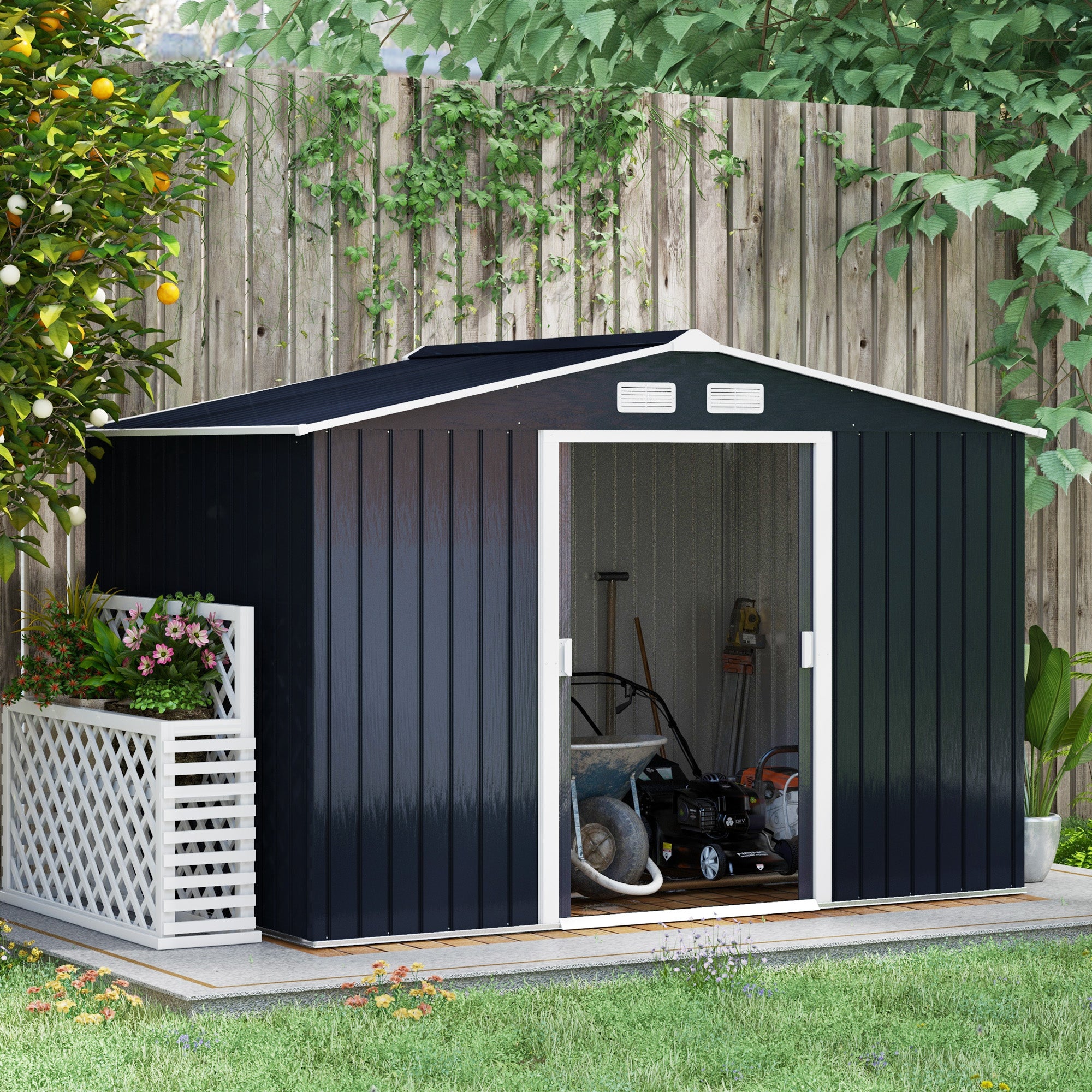 Outsunny Caseta de Jardín Exterior 4,9 m² 277x195x192 cm Cobertizo de Jardín Exterior con Puerta Corredera Techo Inclinado Base Refuerzo (Suelo NO Incluido) y 4 Ventanas Gris Oscuro
