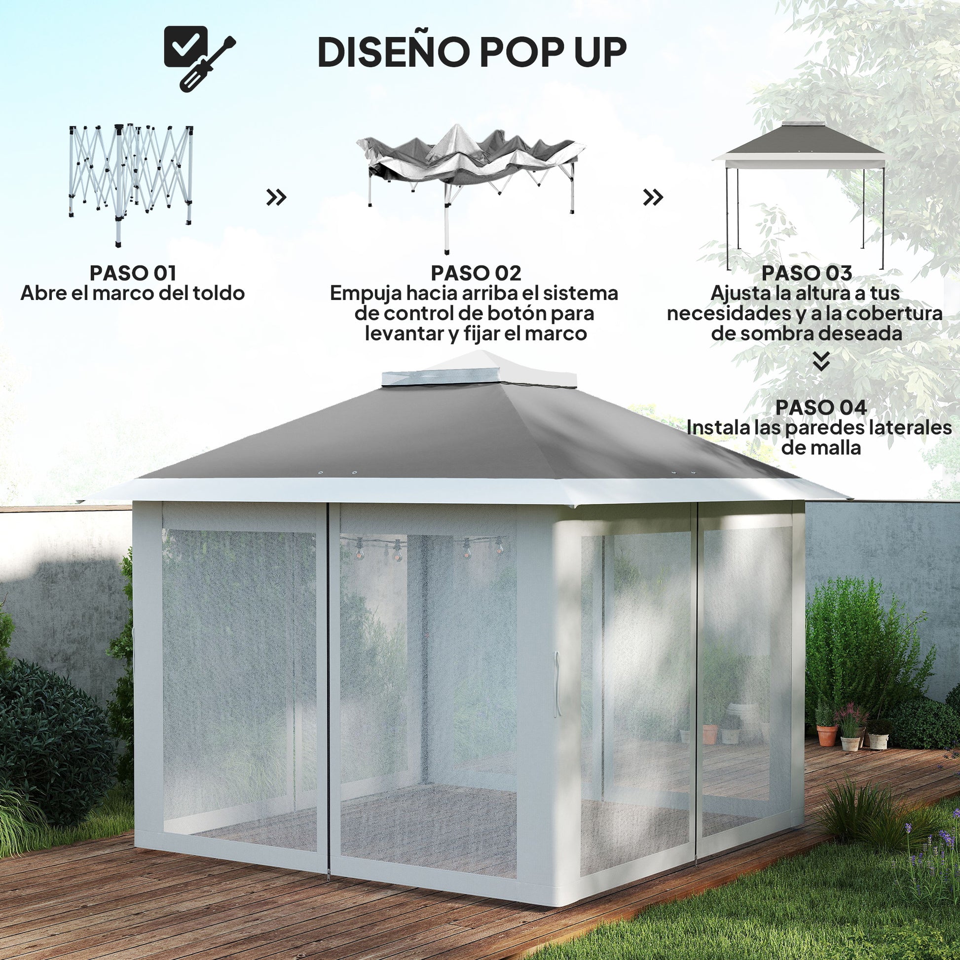 Outsunny Carpa Plegable 3,3x3,3 m Pop-up, Cenador de Jardín con Altura Ajustable 3 Niveles, Doble Techo, 4 Mosquiteras Extraíbles y Bolsa Transporte, Impermeable, Anti-UV para Exterior, Gris Oscuro