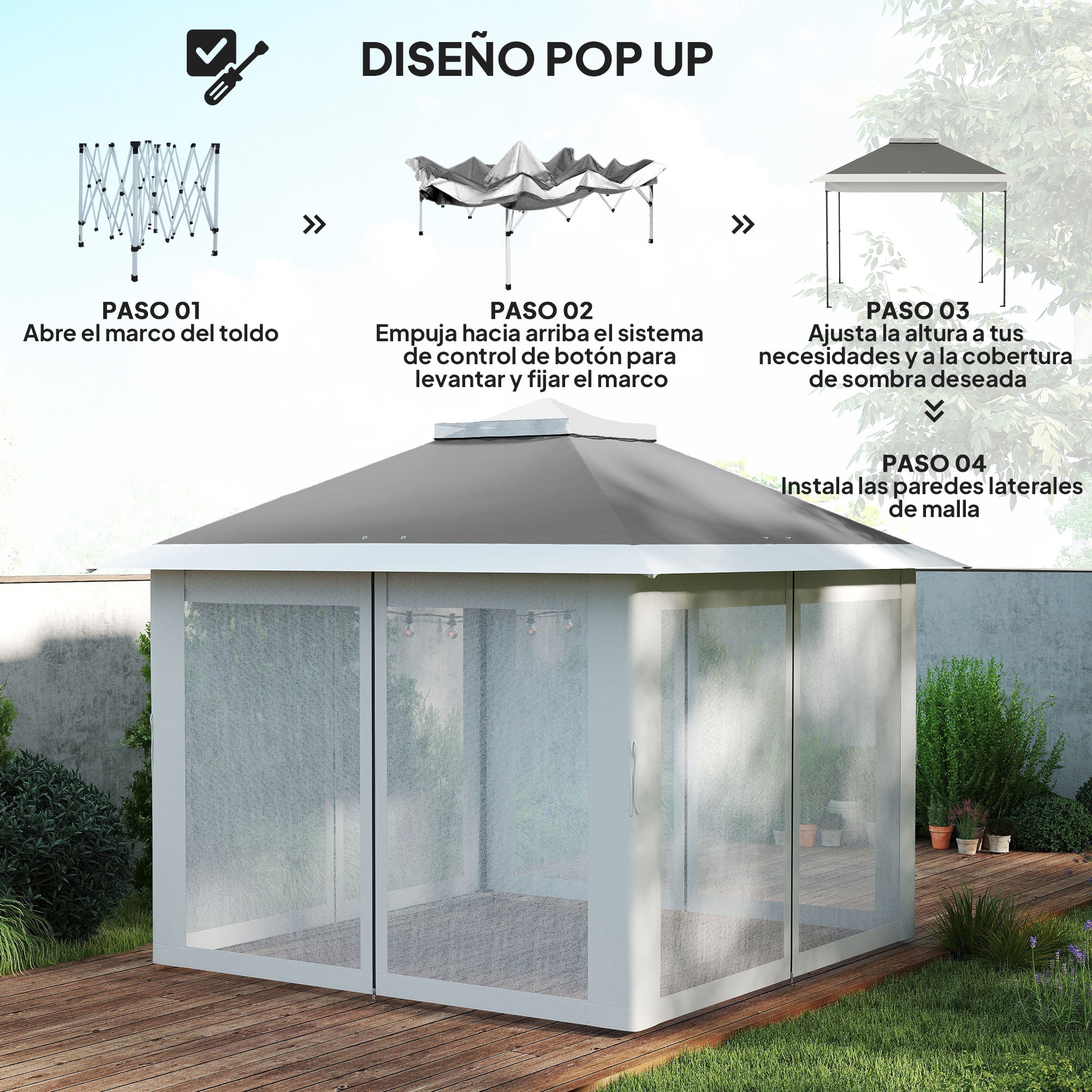 Outsunny Carpa Plegable 3,3x3,3 m Pop-up, Cenador de Jardín con Altura Ajustable 3 Niveles, Doble Techo, 4 Mosquiteras Extraíbles y Bolsa Transporte, Impermeable, Anti-UV para Exterior, Gris Oscuro