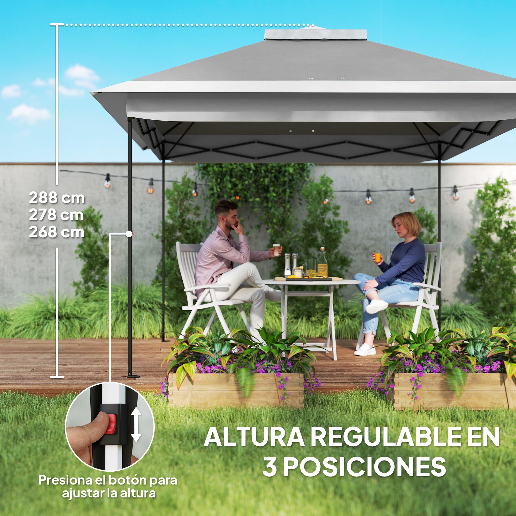 Outsunny Carpa Plegable 3,3x3,3 m Pop-up, Cenador de Jardín con Altura Ajustable 3 Niveles, Doble Techo, 4 Mosquiteras Extraíbles y Bolsa Transporte, Impermeable, Anti-UV para Exterior, Gris Oscuro