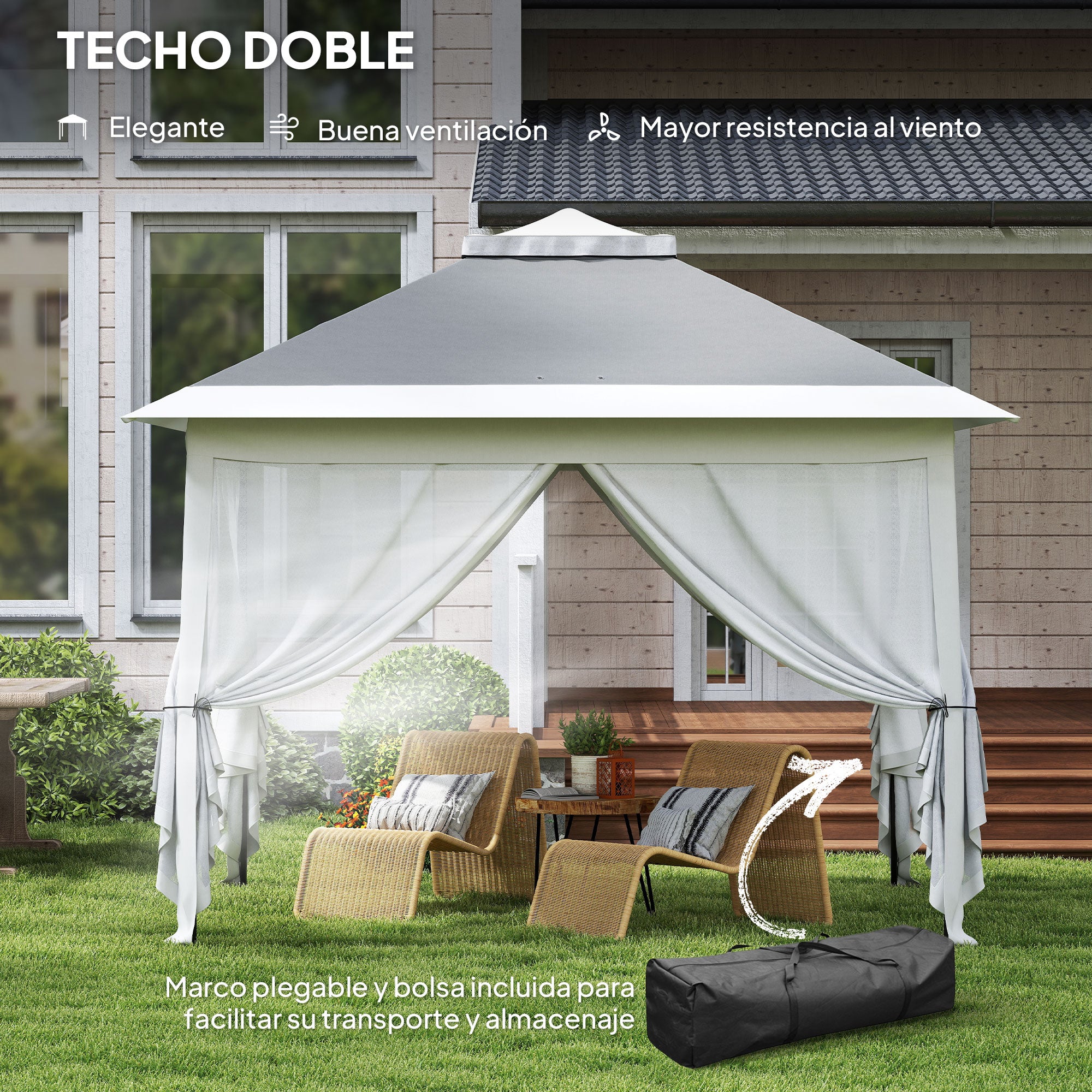 Outsunny Carpa Plegable 3,3x3,3 m Pop-up, Cenador de Jardín con Altura Ajustable 3 Niveles, Doble Techo, 4 Mosquiteras Extraíbles y Bolsa Transporte, Impermeable, Anti-UV para Exterior, Gris Oscuro
