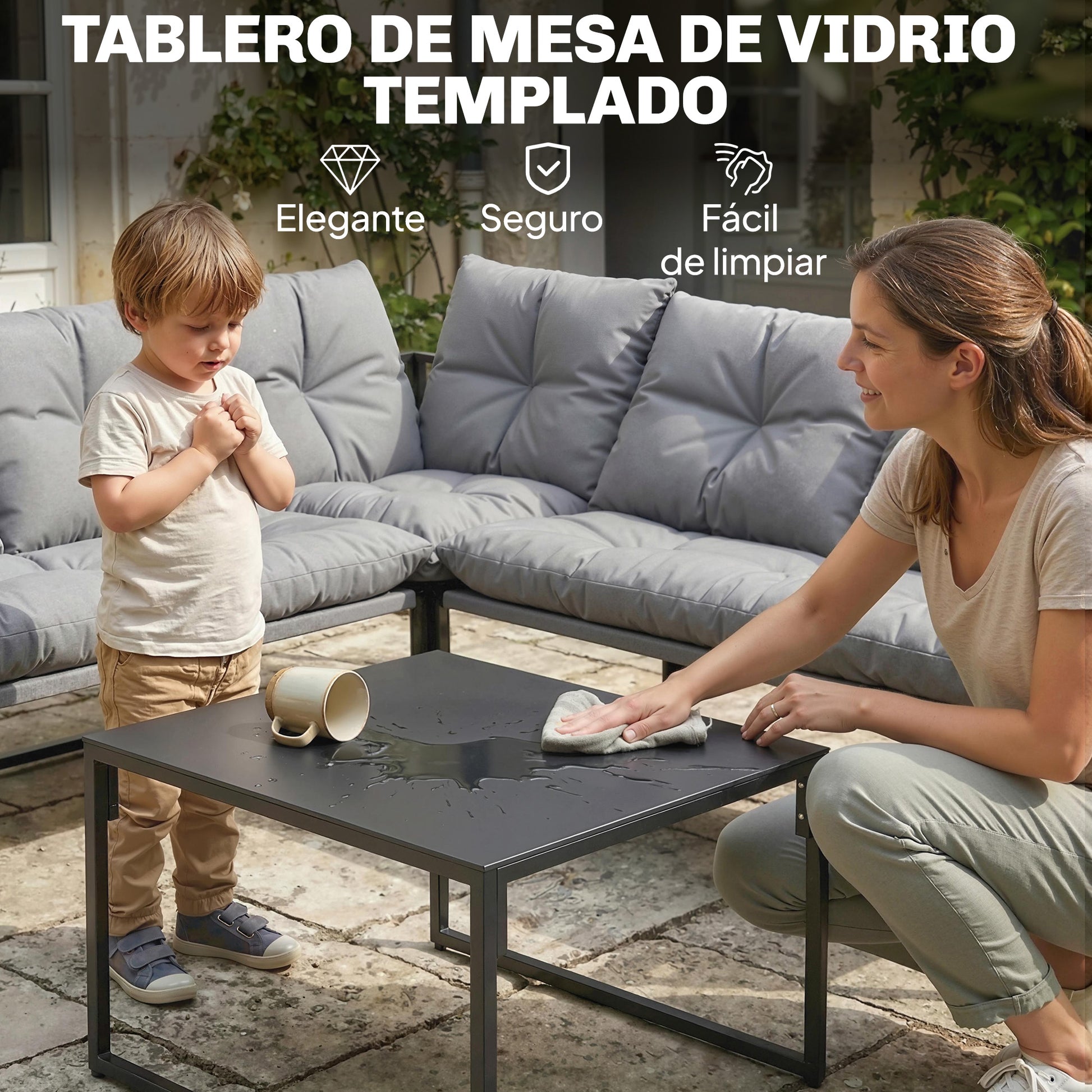 Outsunny Conjunto de Muebles Jardín Exterior de 4 Piezas, Sofá Exterior Seccional Resistente Forma de L con Cojines Gruesos, 2 Sofás de 2 Plazas, Sofá de Esquina y Mesa Centro de Vidrio Templado, Gris