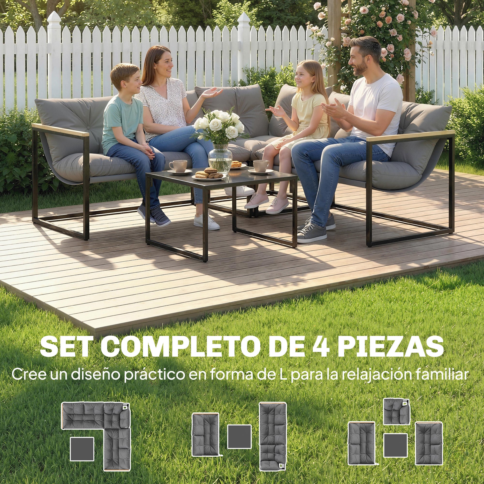 Outsunny Conjunto de Muebles Jardín Exterior de 4 Piezas, Sofá Exterior Seccional Resistente Forma de L con Cojines Gruesos, 2 Sofás de 2 Plazas, Sofá de Esquina y Mesa Centro de Vidrio Templado, Gris