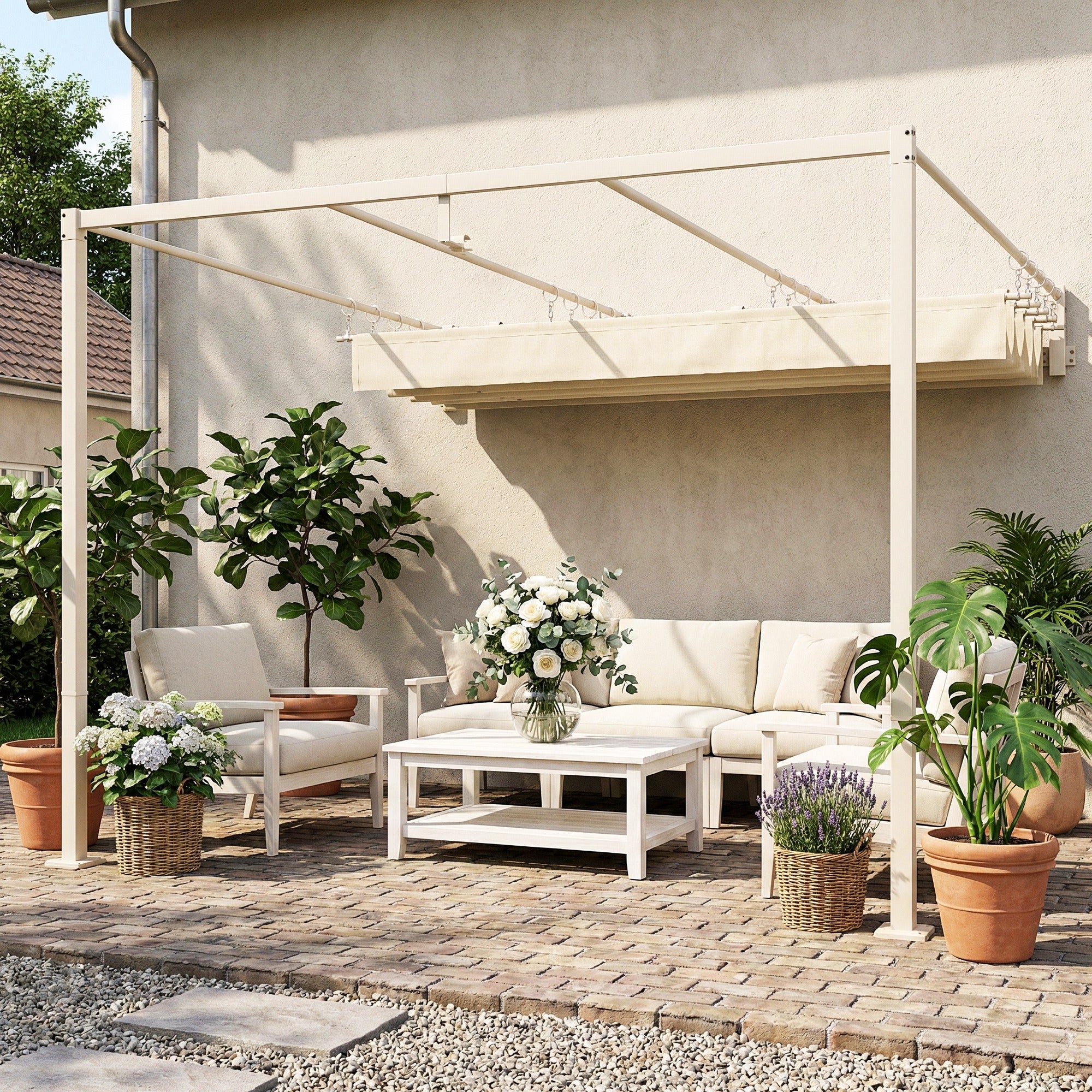 Outsunny Pérgola de Pared de Jardín 3x3 m, Cenador de Jardín con Techo Retráctil, Protección UPF30+, Orificios de Drenaje y Estructura de Acero, Pabellón para Patio, Terraza, Exterior, Beige