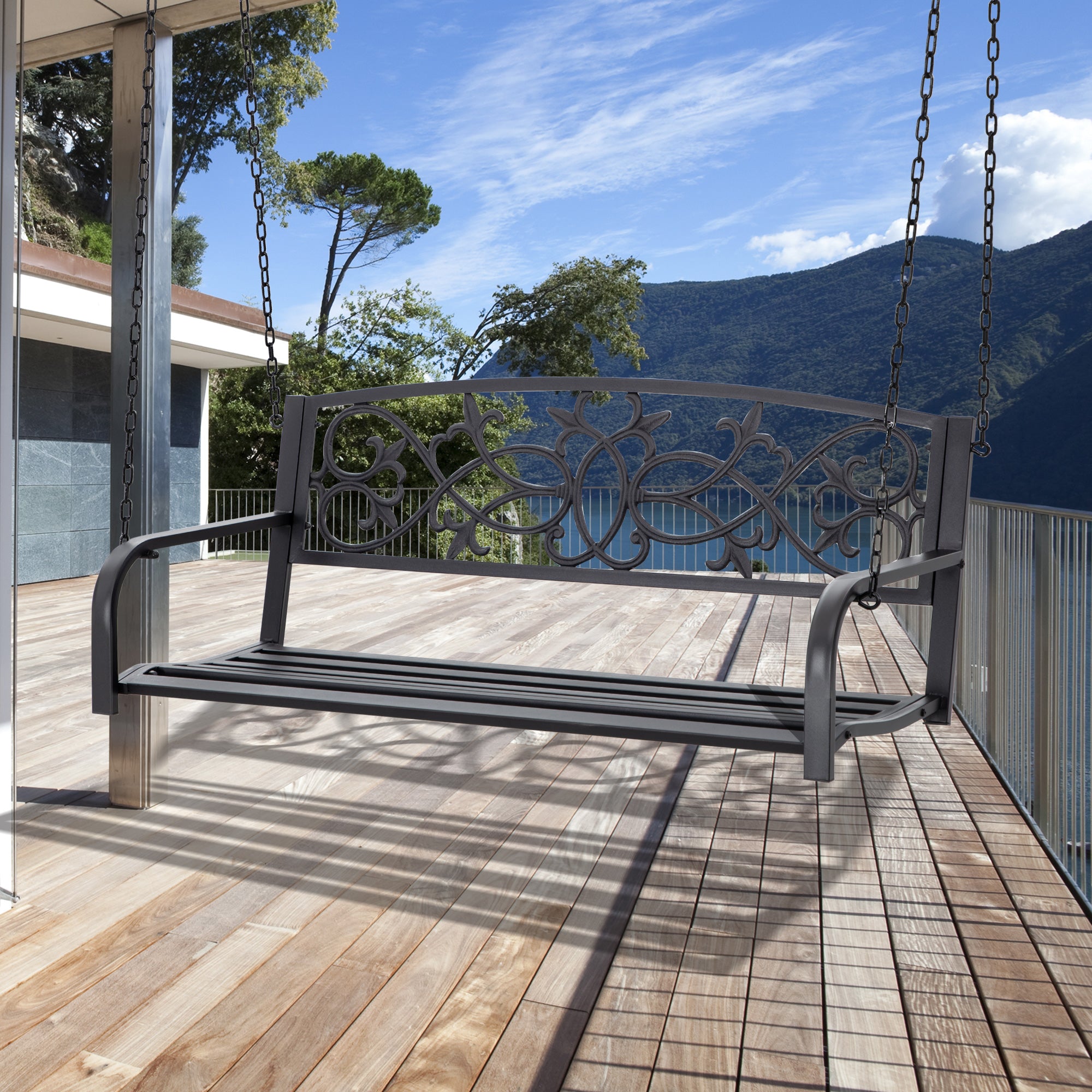 Outsunny Banco Columpio de 2 Plazas Banco Colgante de Acero con Reposabrazos Carga Máx. 240 kg para Jardín Terraza Balcón Exterior 127x59,5x52 cm Negro