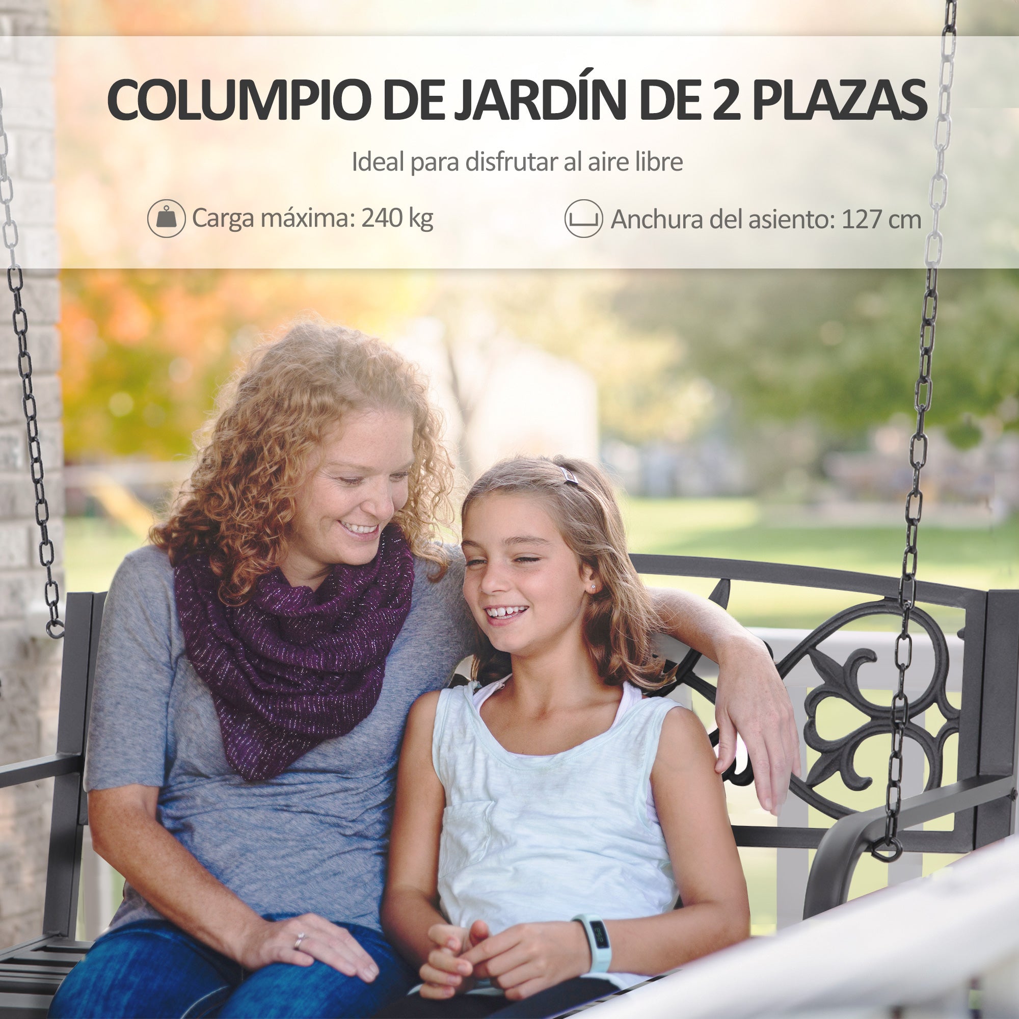 Outsunny Banco Columpio de 2 Plazas Banco Colgante de Acero con Reposabrazos Carga Máx. 240 kg para Jardín Terraza Balcón Exterior 127x59,5x52 cm Negro