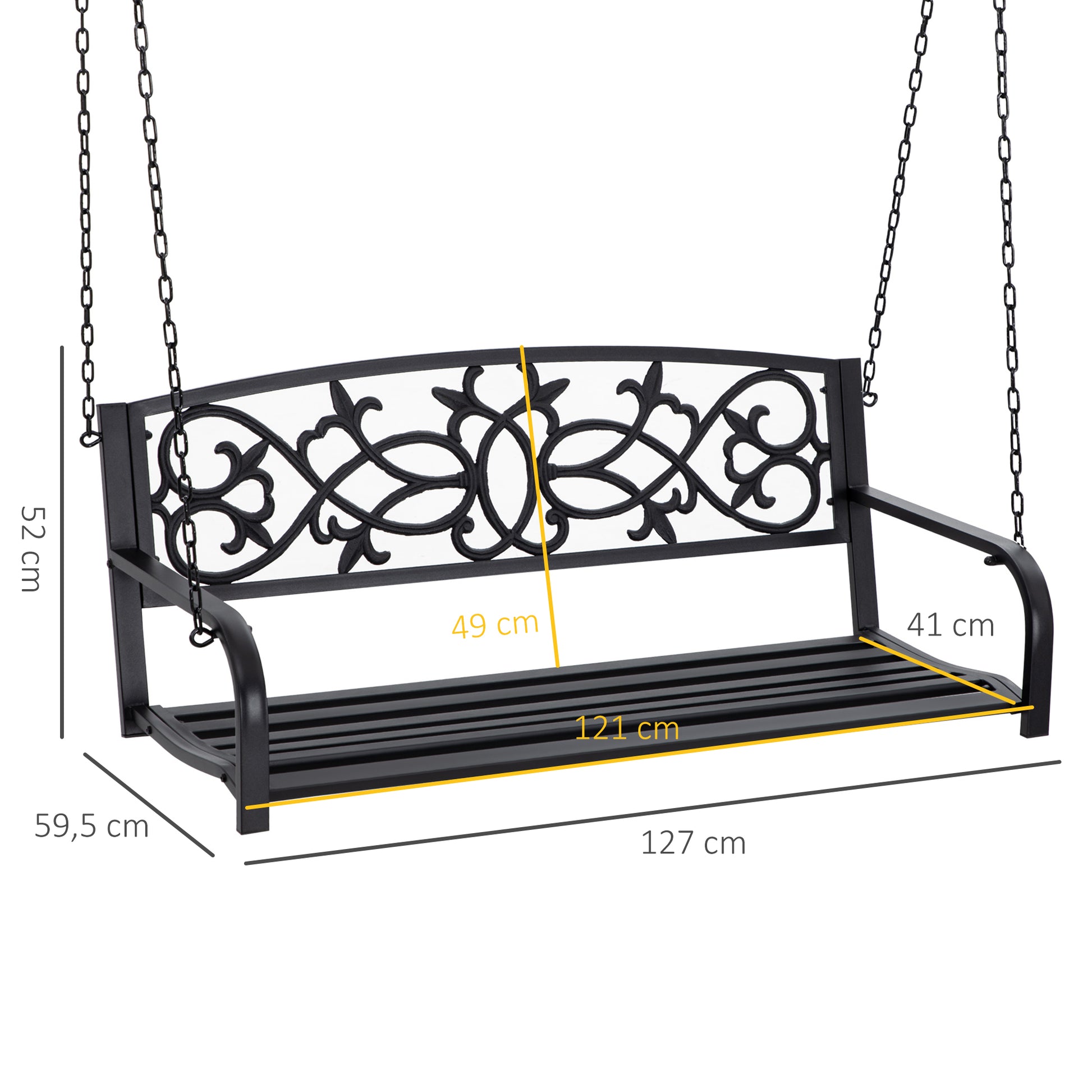 Outsunny Banco Columpio de 2 Plazas Banco Colgante de Acero con Reposabrazos Carga Máx. 240 kg para Jardín Terraza Balcón Exterior 127x59,5x52 cm Negro