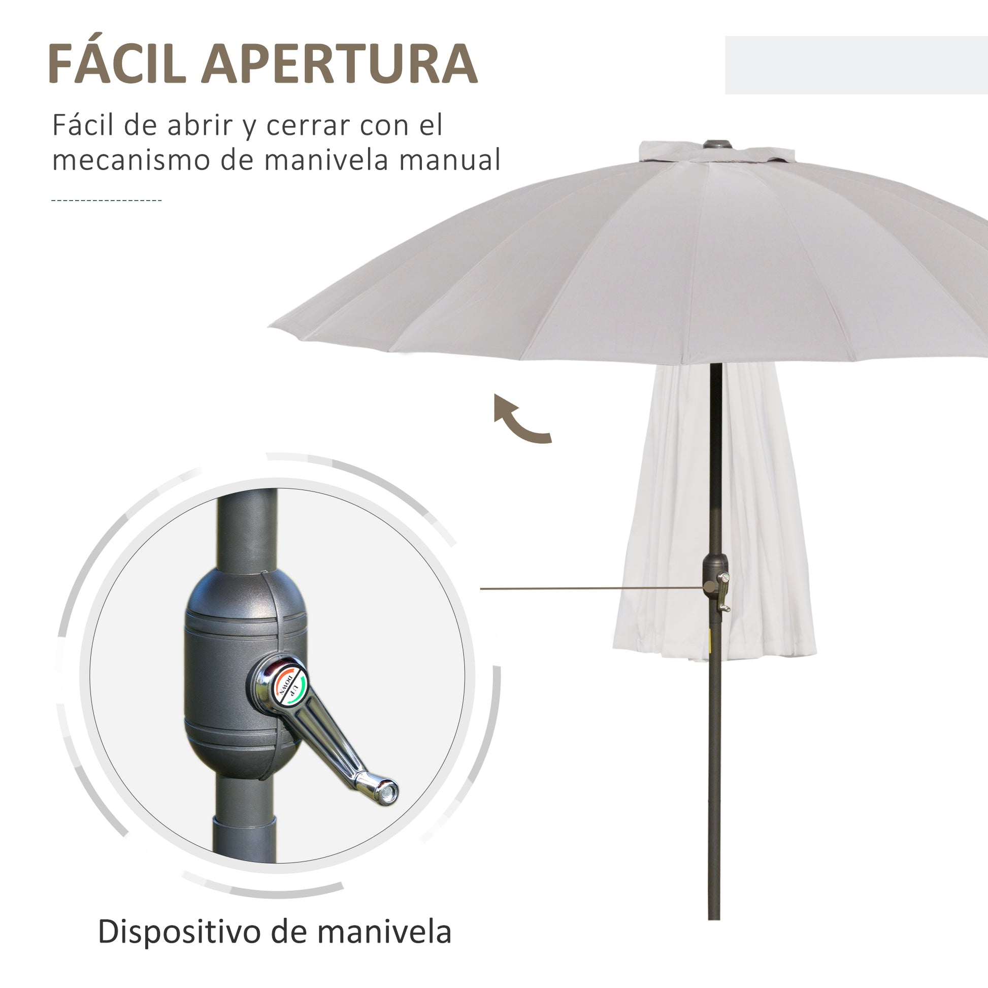 Outsunny Sombrilla Terraza Exterior Ø250 cm Sombrilla de Jardín con Ángulo Inclinable 18 Varillas y Manivela Impermeable Parasol para Patio Terraza Gris Claro