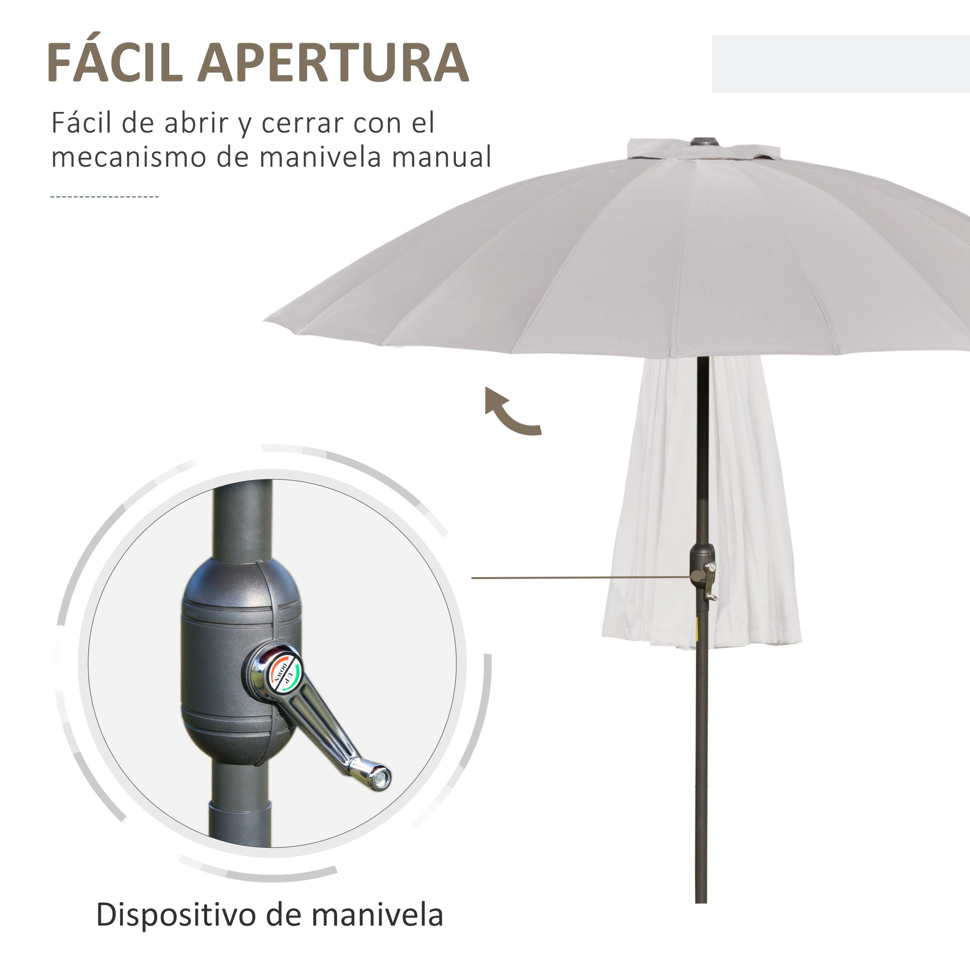 Outsunny Sombrilla Terraza Exterior Ø250 cm Sombrilla de Jardín con Ángulo Inclinable 18 Varillas y Manivela Impermeable Parasol para Patio Terraza Gris Claro