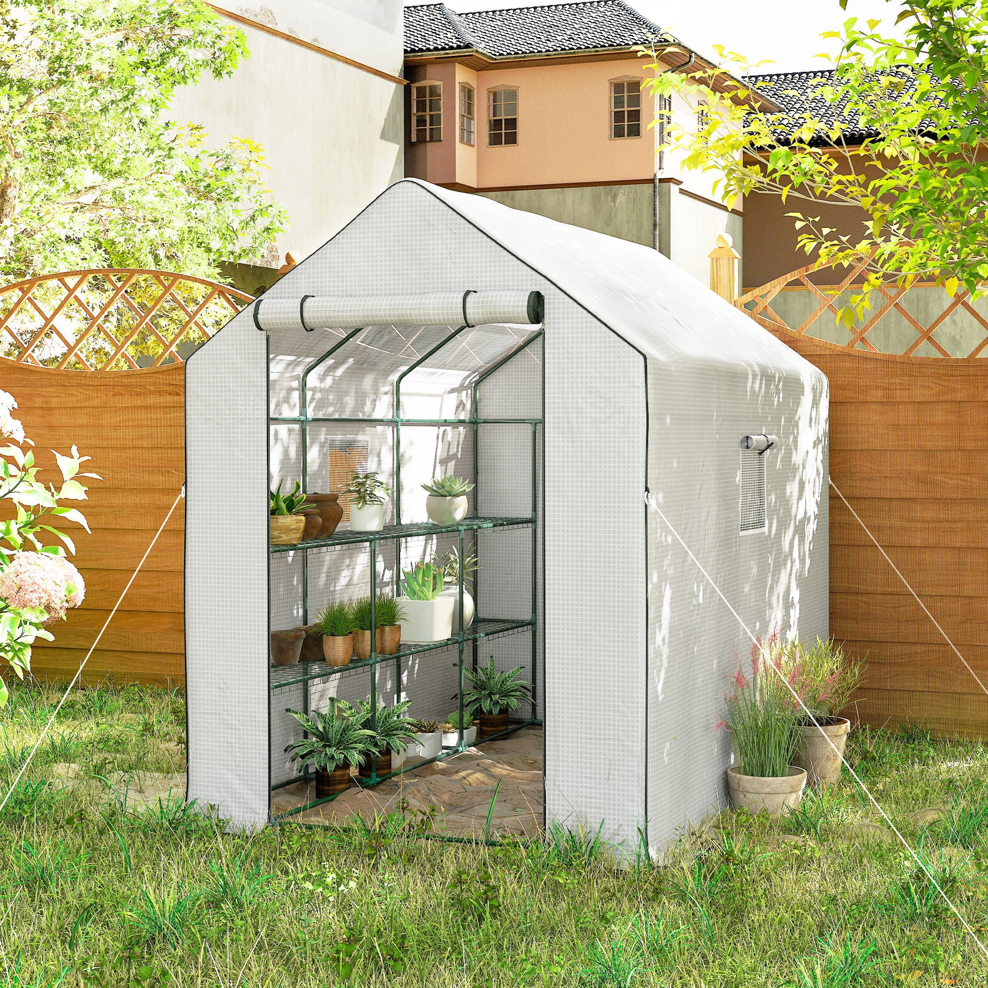 Outsunny Invernadero de Jardín de 3 Niveles, Invernadero de Exterior con 12 Estantes, Puerta Enrollable, Ventanas, Anti-UV, Cubierta de PE 135g/m² para Cultivos, Plantas, Flores, 140x213x190 cm Blanco