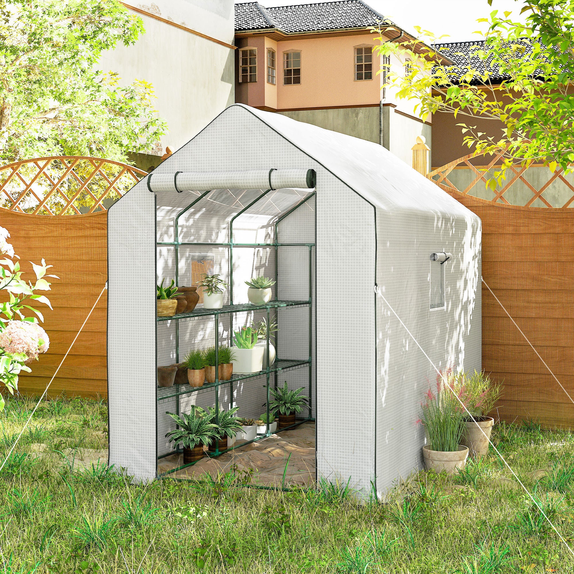 Outsunny Invernadero de Jardín de 3 Niveles, Invernadero de Exterior con 12 Estantes, Puerta Enrollable, Ventanas, Anti-UV, Cubierta de PE 135g/m² para Cultivos, Plantas, Flores, 140x213x190 cm Blanco