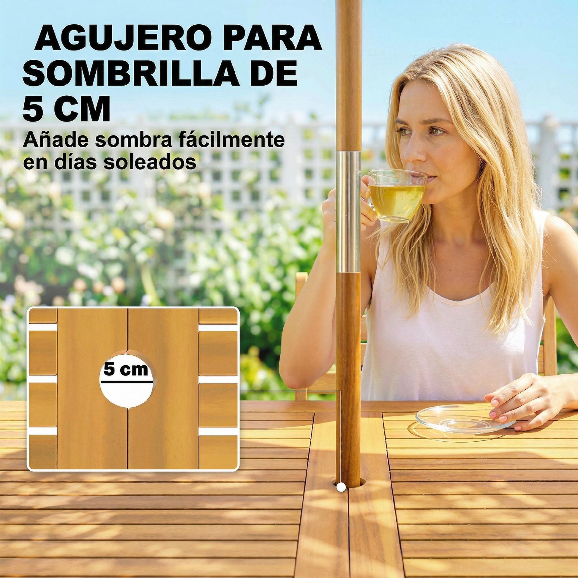 Outsunny Mesa de Comedor de Jardín de Madera de Acacia, Mesa de Terraza Exterior Rectangular 150x75x75 cm con Tablero de Listones, Orificio Sombrilla para 6 Personas, Carga 80 kg, para Patio, Natural