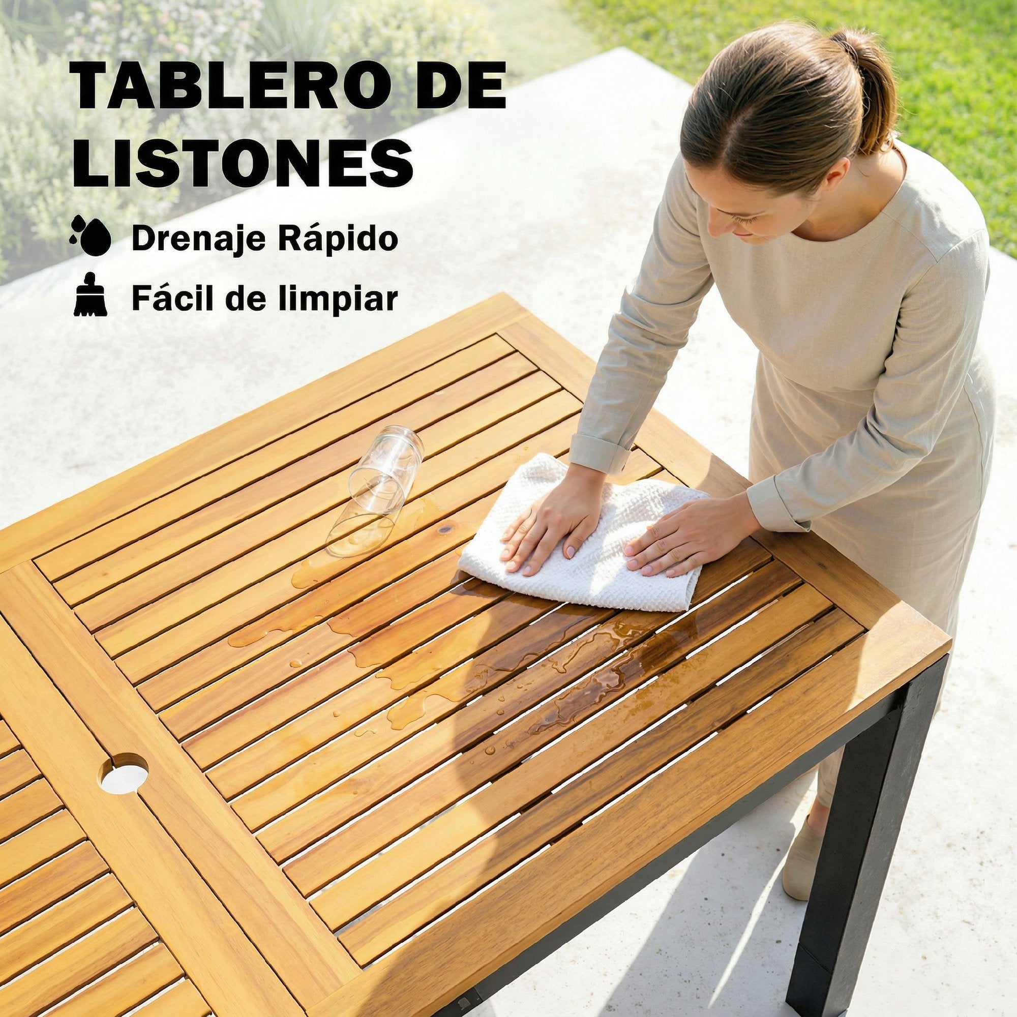 Outsunny Mesa de Comedor de Jardín de Madera de Acacia, Mesa de Terraza Exterior Rectangular 150x75x75 cm con Tablero de Listones, Orificio Sombrilla para 6 Personas, Carga 80 kg, para Patio, Natural