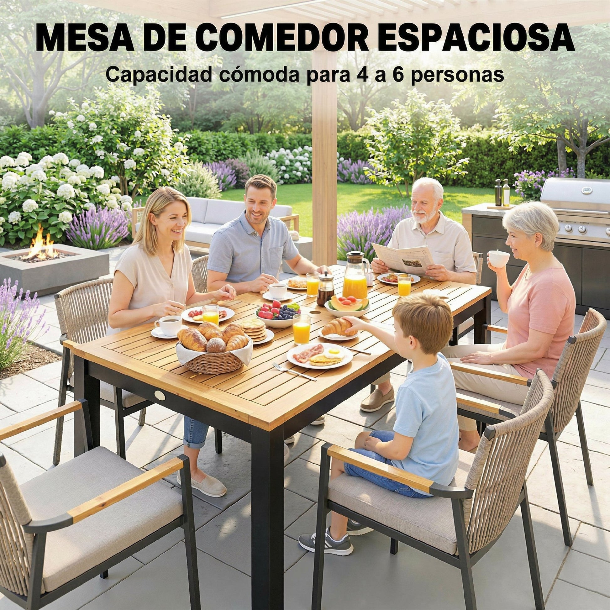 Outsunny Mesa de Comedor de Jardín de Madera de Acacia, Mesa de Terraza Exterior Rectangular 150x75x75 cm con Tablero de Listones, Orificio Sombrilla para 6 Personas, Carga 80 kg, para Patio, Natural
