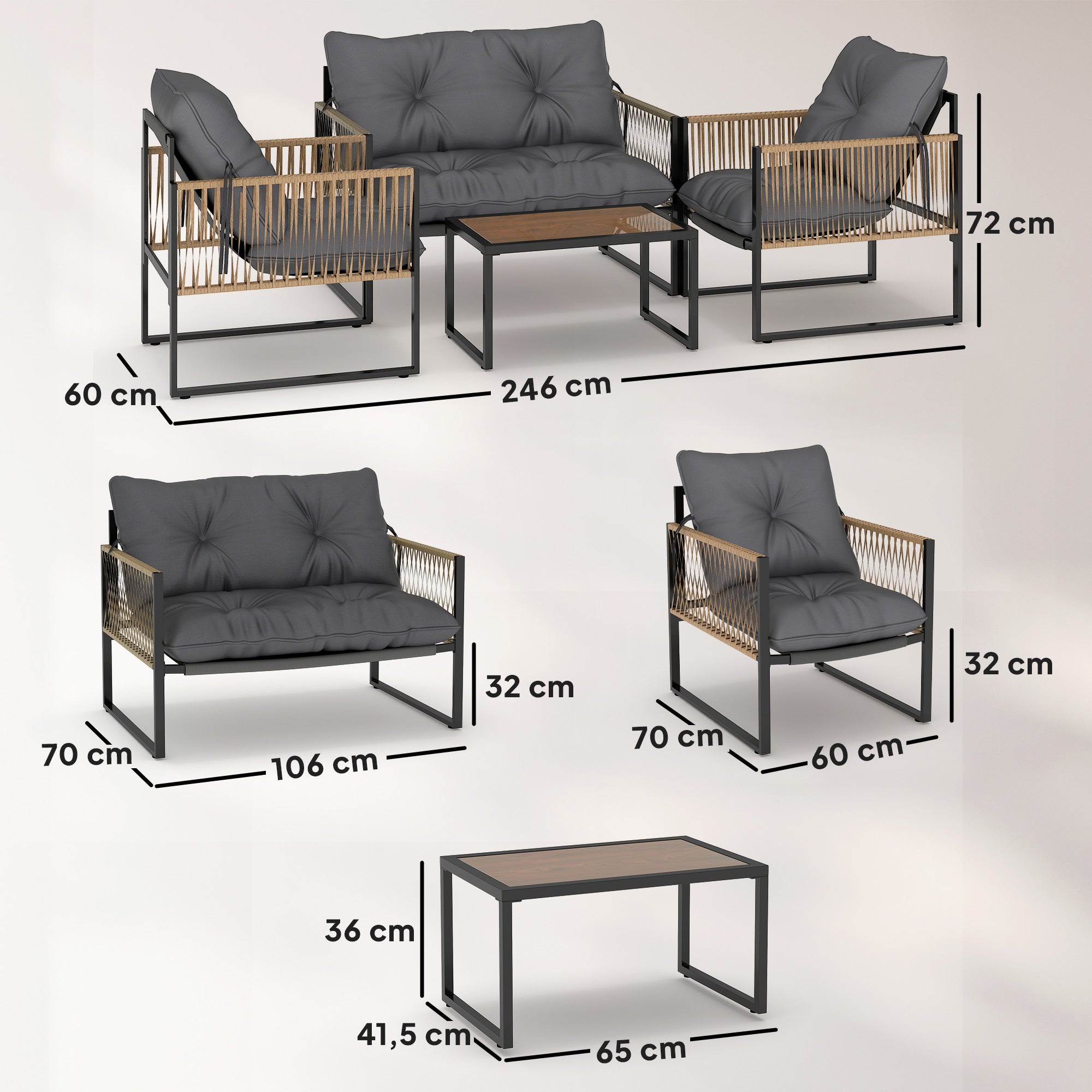 Outsunny Conjunto Jardín Exterior de Ratán, Muebles Jardín Exterior para 4 Piezas, Muebles Terraza con 1 Sofá de 2 Plazas, 2 Sillones, Cojines y 1 Mesa de Tablero de Vidrio, para Patio, Gris y Marrón
