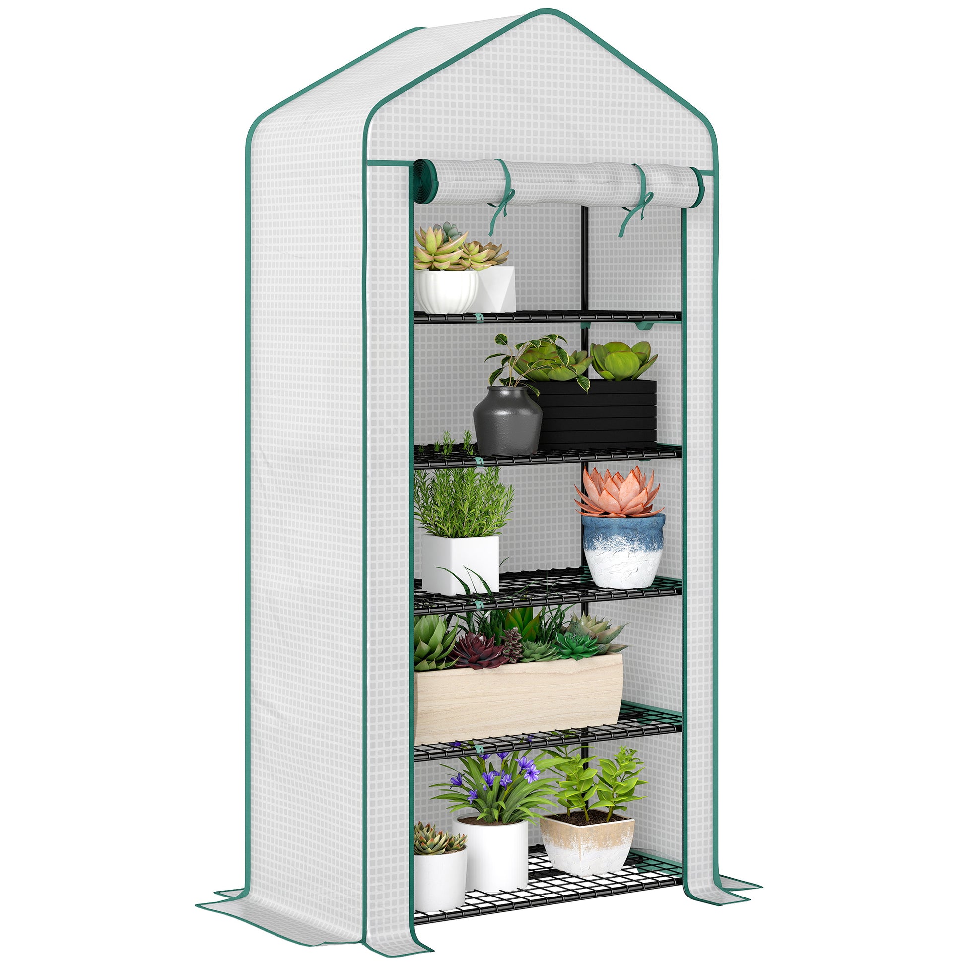 Outsunny Invernadero de Jardín de 5 Niveles Invernadero Pequeño Exterior con Puerta Enrollable con Cremallera Anti-UV Diseño Ensanchado y Estantes para Cultivo de Plantas Flores 90x49x193 cm Blanco
