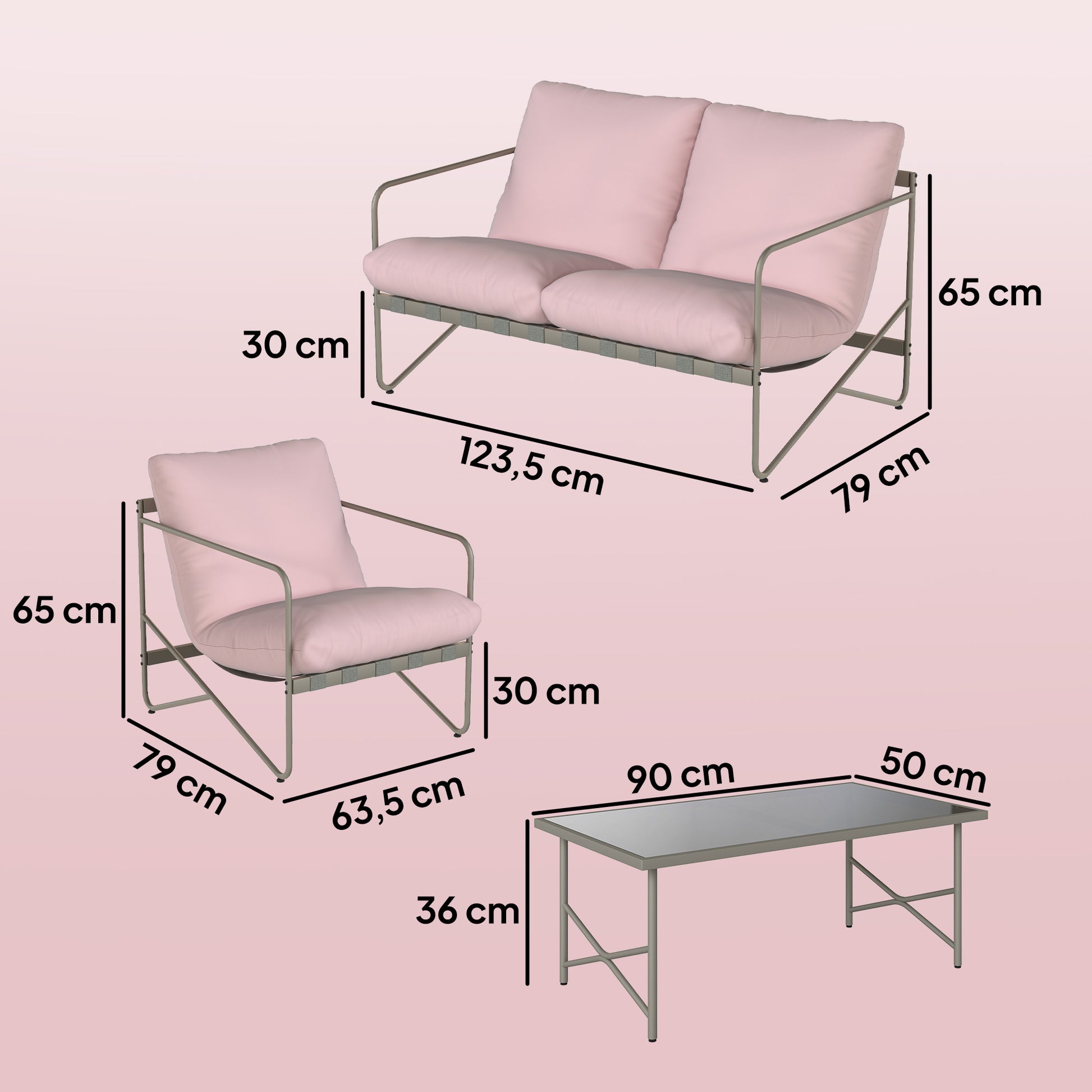 Outsunny Conjunto de Jardín Exterior de 4 Piezas, Muebles Jardín Exterior con Sofá de 2 Plazas, 2 Sillones, Mesa de Vidrio Templado, Cojines Gruesos, para Terraza, Rosa