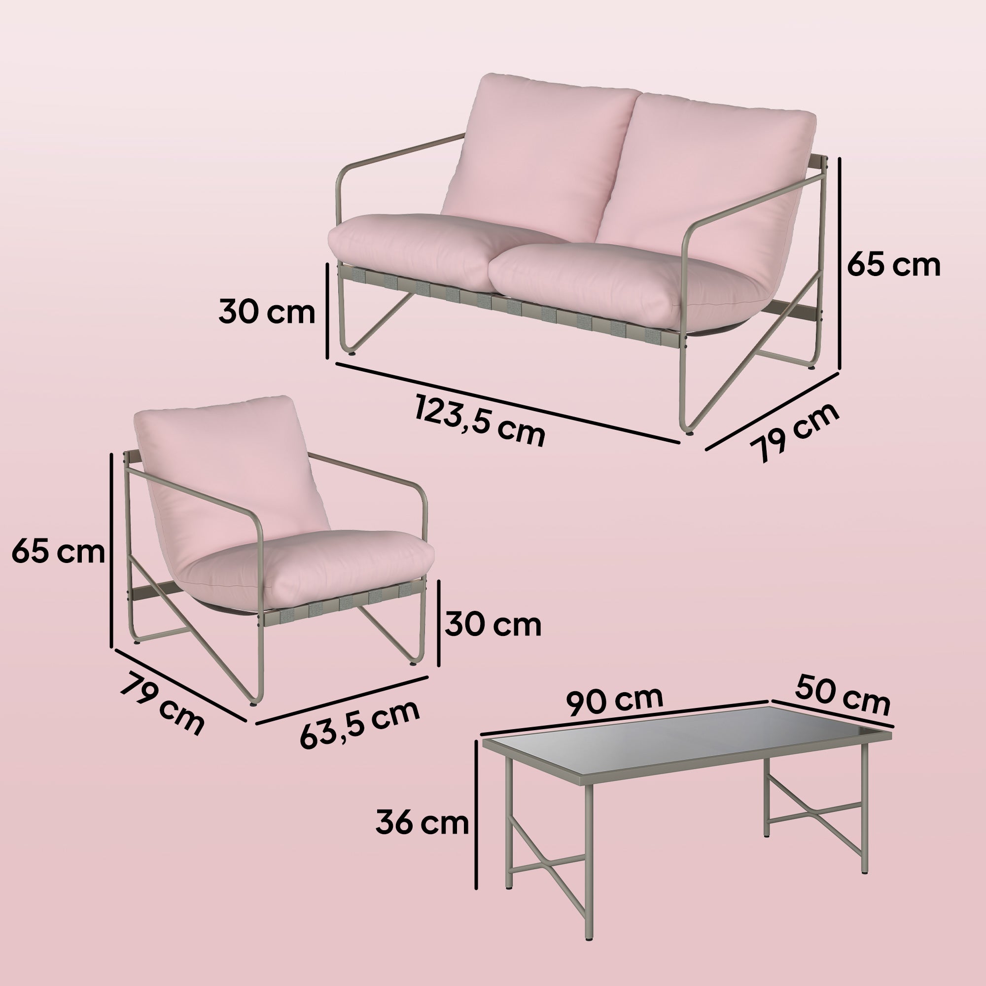 Outsunny Conjunto de Jardín Exterior de 4 Piezas, Muebles Jardín Exterior con Sofá de 2 Plazas, 2 Sillones, Mesa de Vidrio Templado, Cojines Gruesos, para Terraza, Rosa