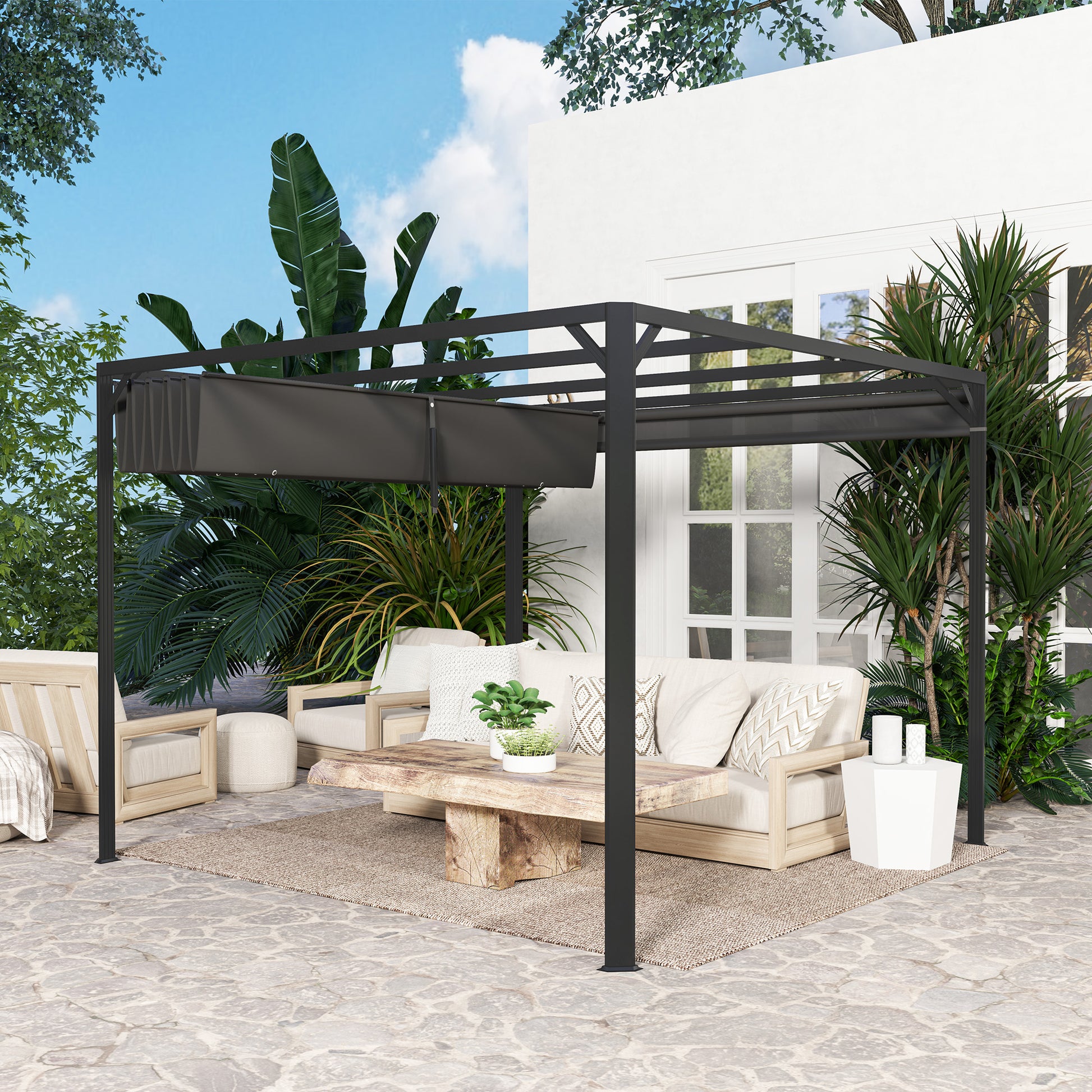 Outsunny Pérgola de Jardín 3x3 m con Techo Retráctil y Pared Lateral Enrollable, Cenador de Jardín con Estructura de Aluminio, UPF30+, Pabellón para Exterior, Patio, Terraza, Gris Oscuro