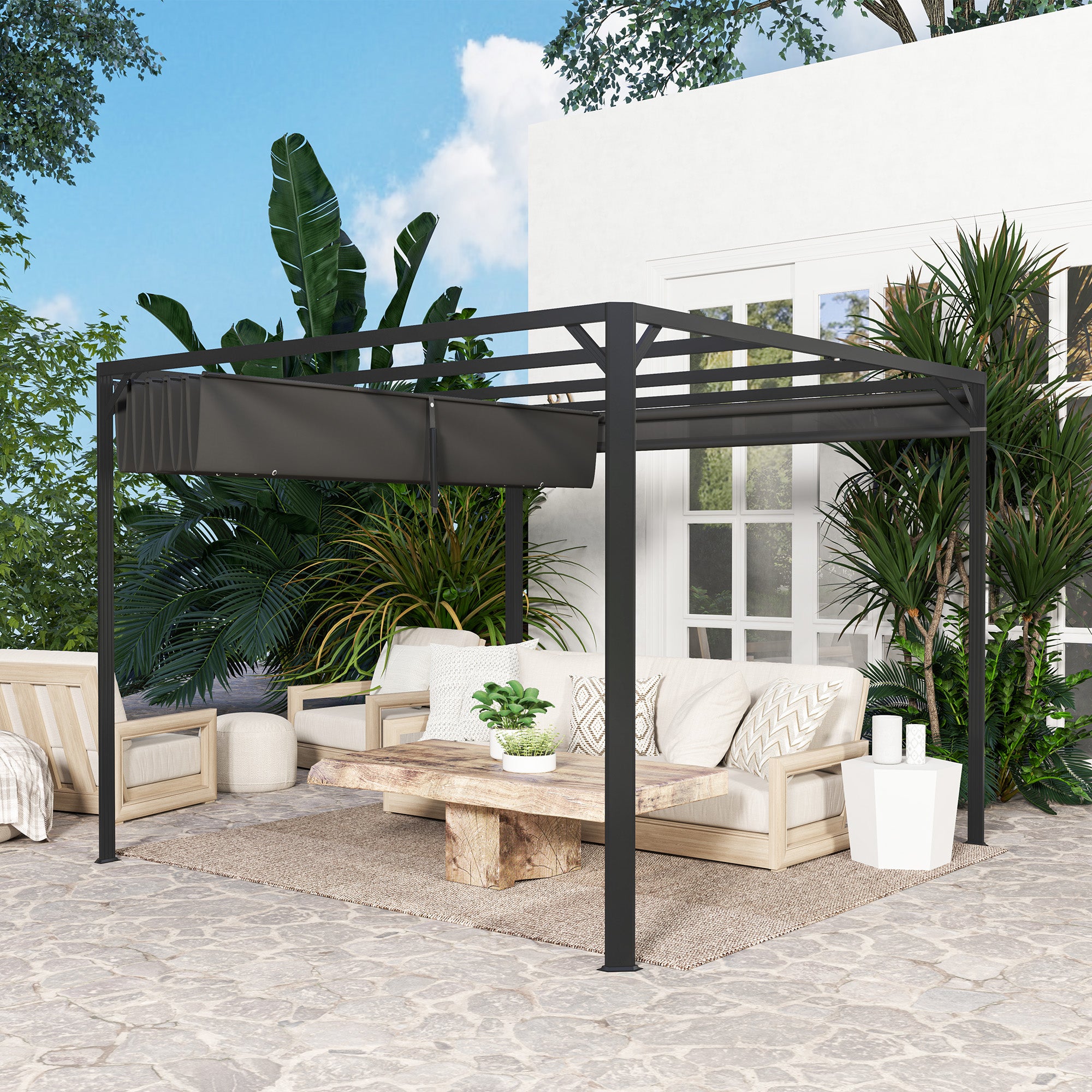 Outsunny Pérgola de Jardín 3x3 m con Techo Retráctil y Pared Lateral Enrollable, Cenador de Jardín con Estructura de Aluminio, UPF30+, Pabellón para Exterior, Patio, Terraza, Gris Oscuro