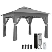 Outsunny Carpa Plegable 3x3 m Cenador de Jardín con 20 Luces LED Solares Doble Techo 4 Mosquiteras Altura Ajustable Mando a Distancia y Bolsa de Transporte para Jardín Patio Fiestas Gris