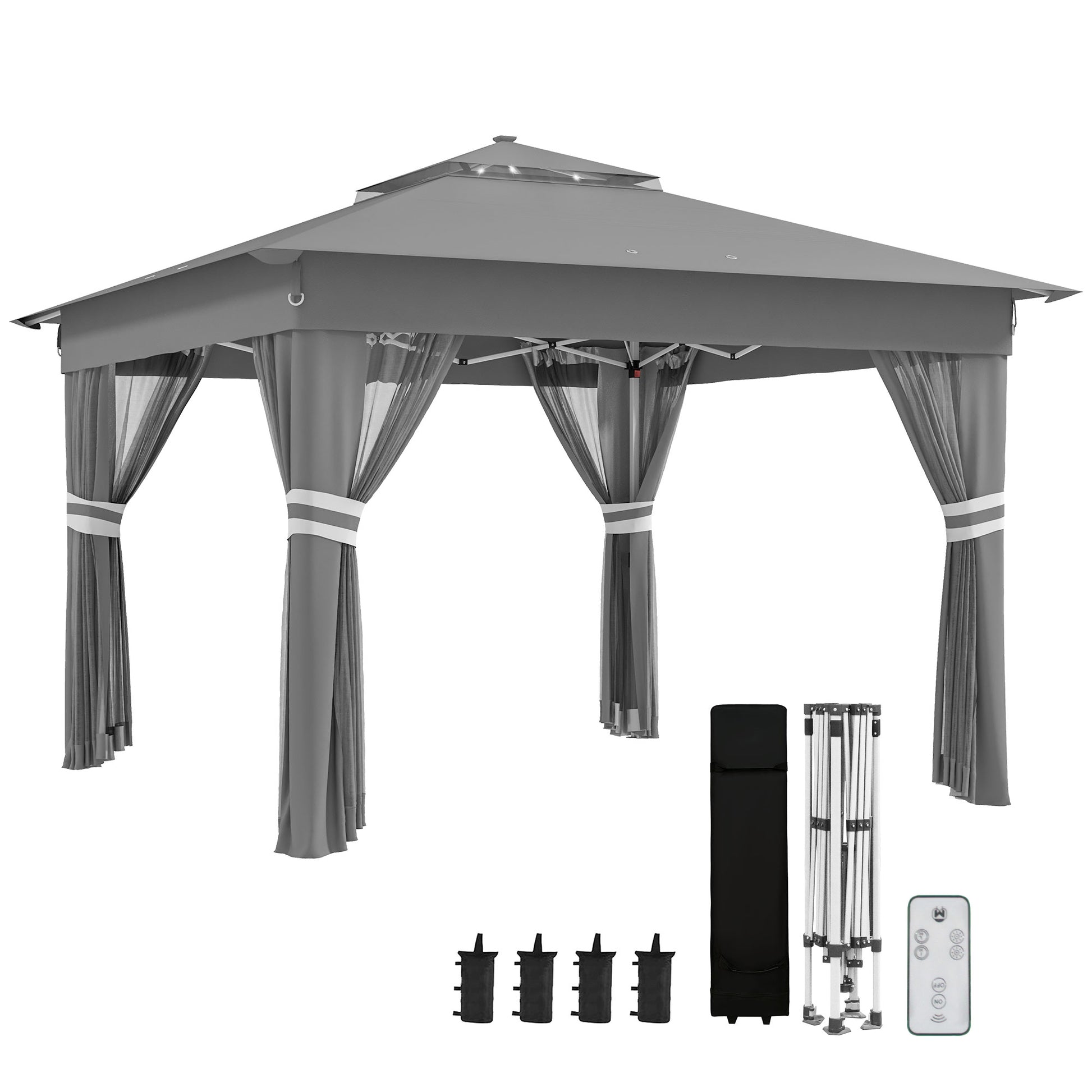 Outsunny Carpa Plegable 3x3 m Cenador de Jardín con 20 Luces LED Solares Doble Techo 4 Mosquiteras Altura Ajustable Mando a Distancia y Bolsa de Transporte para Jardín Patio Fiestas Gris