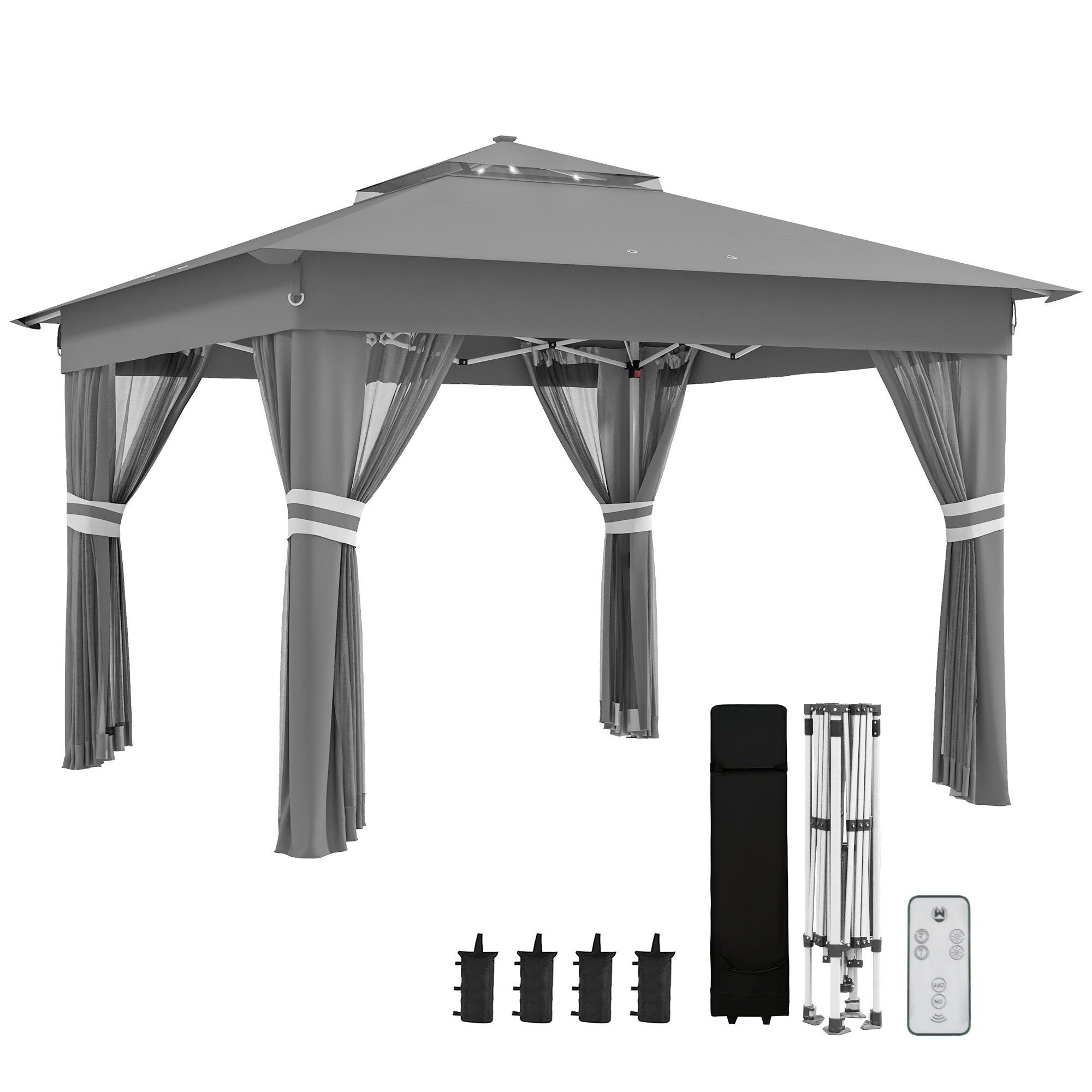 Outsunny Carpa Plegable 3x3 m Cenador de Jardín con 20 Luces LED Solares Doble Techo 4 Mosquiteras Altura Ajustable Mando a Distancia y Bolsa de Transporte para Jardín Patio Fiestas Gris
