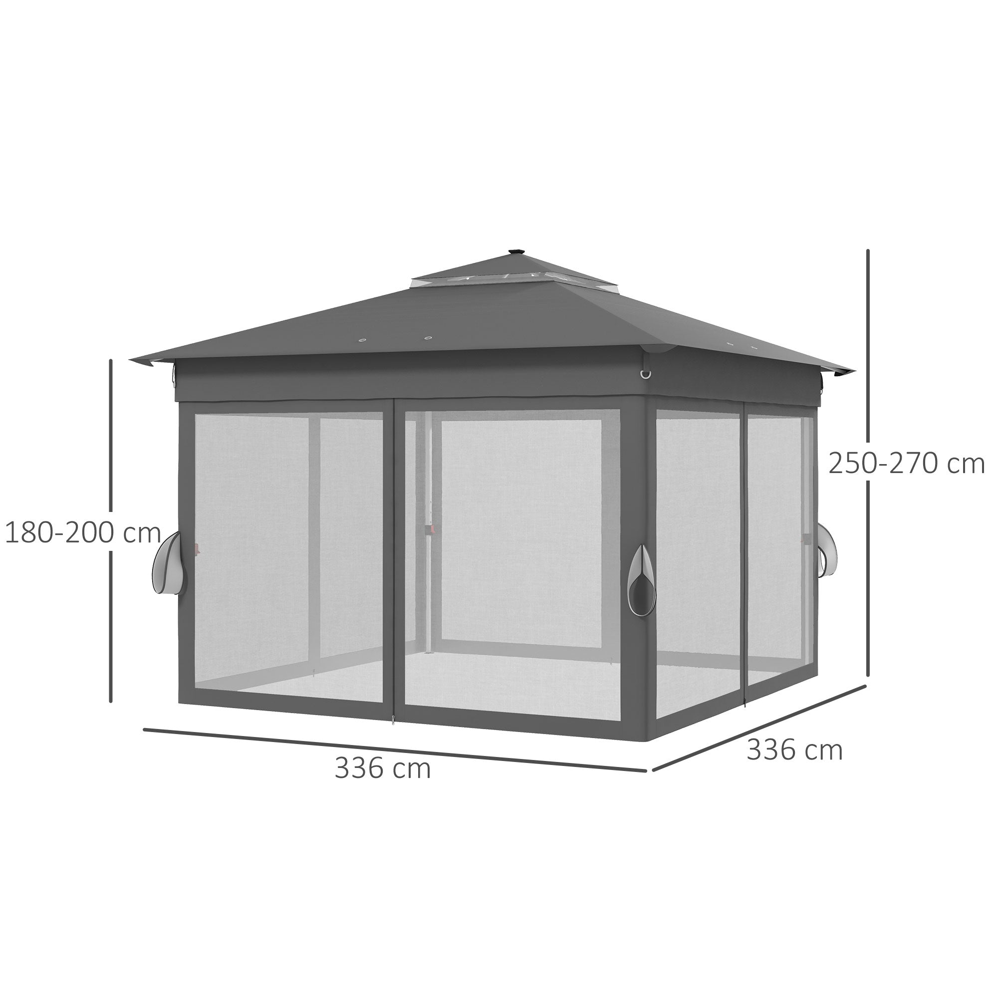 Outsunny Carpa Plegable 3x3 m Cenador de Jardín con 20 Luces LED Solares Doble Techo 4 Mosquiteras Altura Ajustable Mando a Distancia y Bolsa de Transporte para Jardín Patio Fiestas Gris