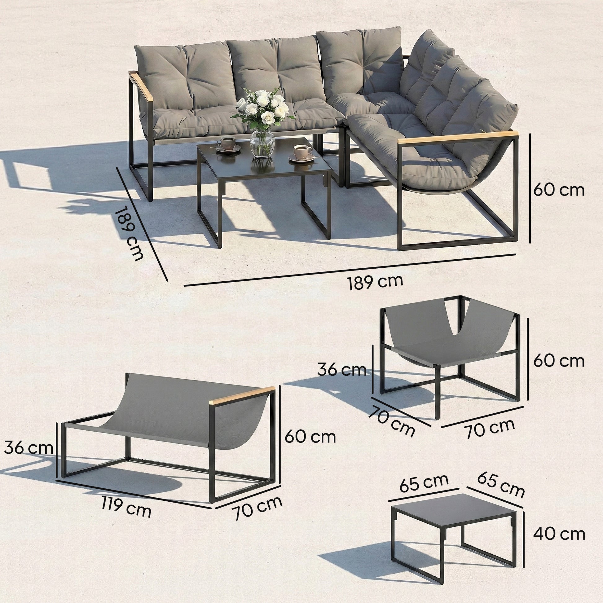 Outsunny Conjunto de Muebles Jardín Exterior de 4 Piezas, Sofá Exterior Seccional Resistente Forma de L con Cojines Gruesos, 2 Sofás de 2 Plazas, Sofá de Esquina y Mesa Centro de Vidrio Templado, Gris