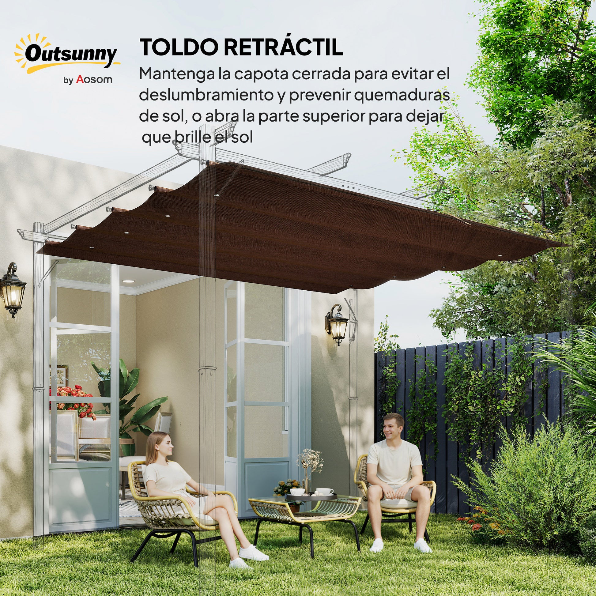 Outsunny Techo de Pérgola 3x2,5 m, Techo de Repuesto Retráctil para Marco de Pérgola de 3x2 m, UV30+, Toldo de Tela Solo para Cenador Jardín con 8 Orificios de Drenaje, Café