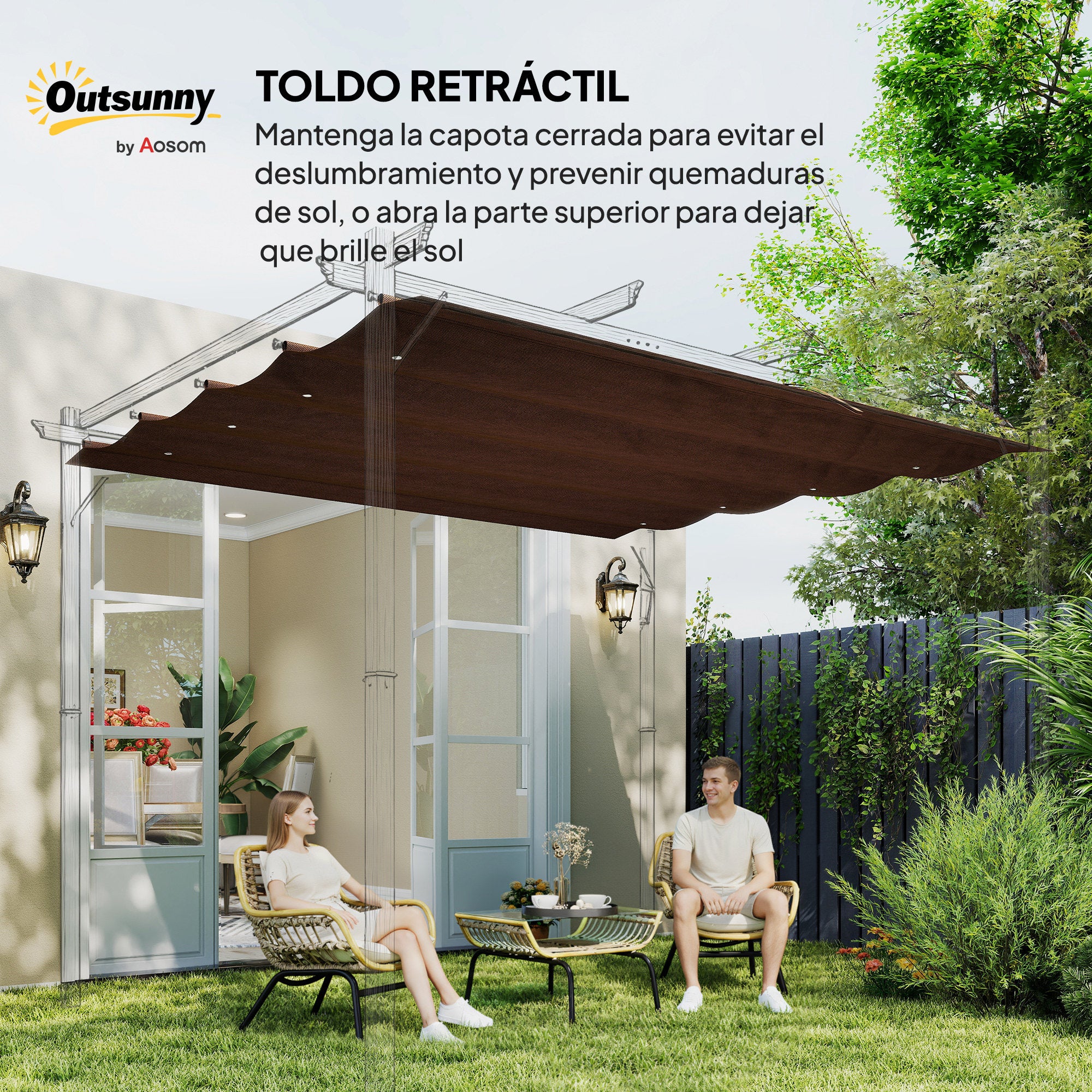 Outsunny Techo de Pérgola 3x2,5 m, Techo de Repuesto Retráctil para Marco de Pérgola de 3x2 m, UV30+, Toldo de Tela Solo para Cenador Jardín con 8 Orificios de Drenaje, Café