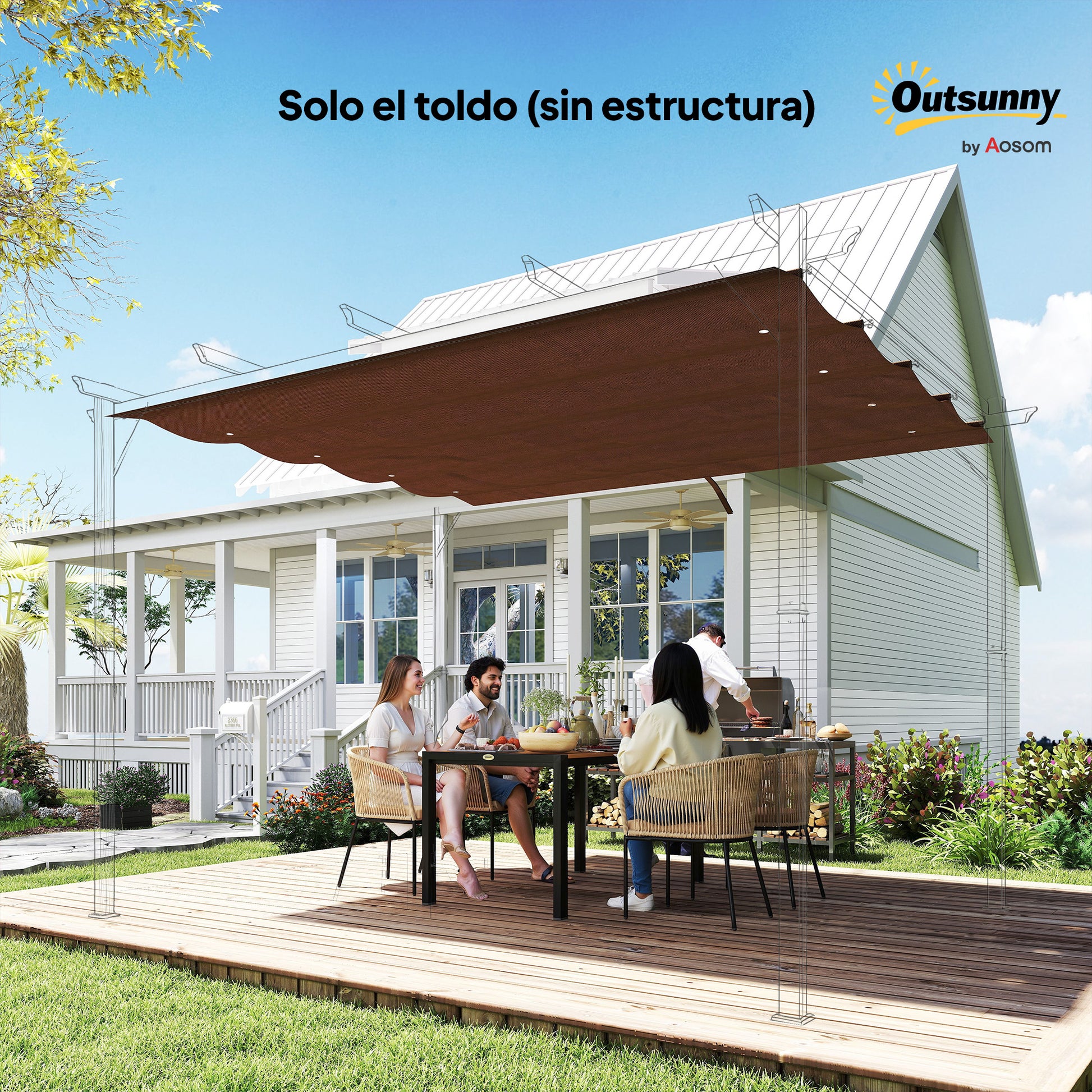Outsunny Techo de Pérgola 3x2,5 m, Techo de Repuesto Retráctil para Marco de Pérgola de 3x2 m, UV30+, Toldo de Tela Solo para Cenador Jardín con 8 Orificios de Drenaje, Café