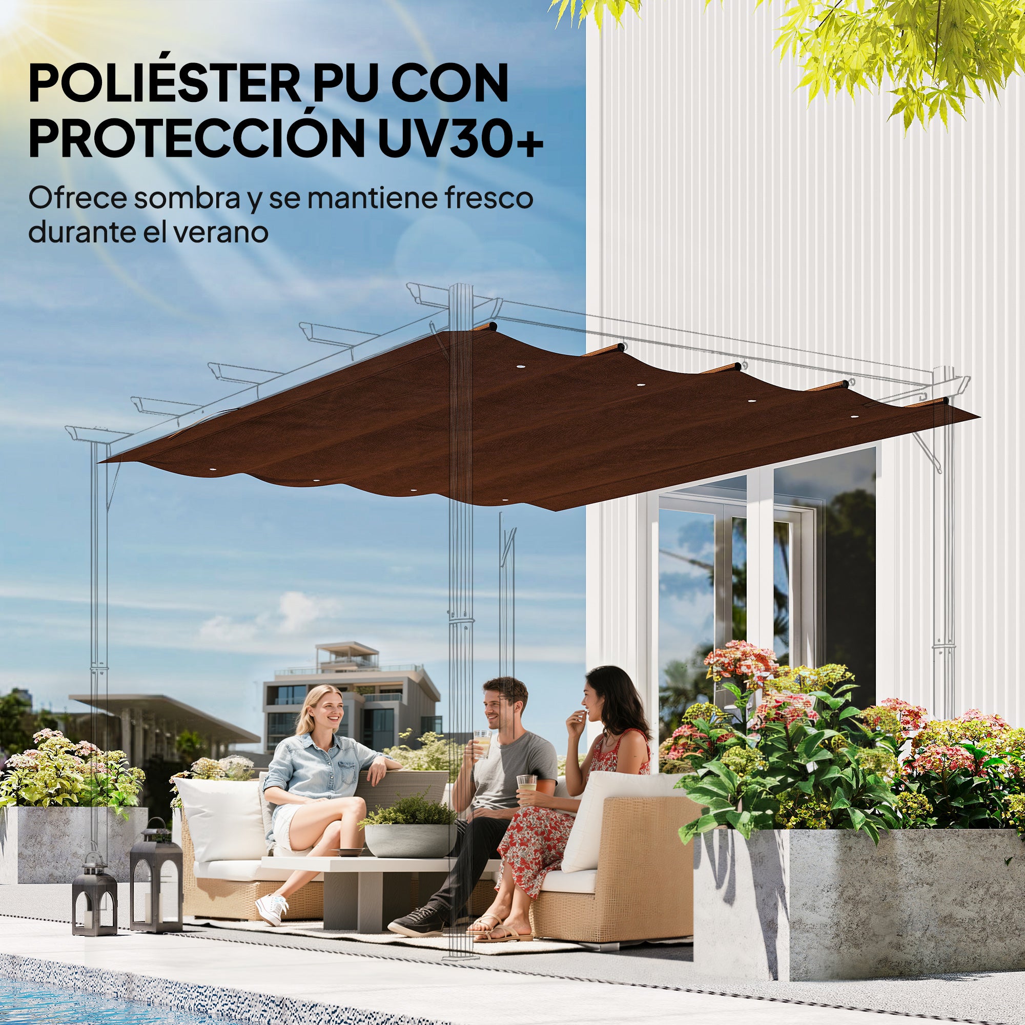Outsunny Techo de Pérgola 3x2,5 m, Techo de Repuesto Retráctil para Marco de Pérgola de 3x2 m, UV30+, Toldo de Tela Solo para Cenador Jardín con 8 Orificios de Drenaje, Café