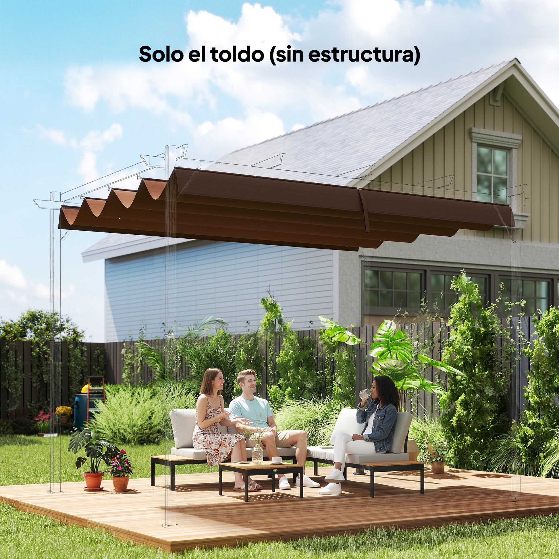 Outsunny Techo de Pérgola 3x2,5 m, Techo de Repuesto Retráctil para Marco de Pérgola de 3x2 m, UV30+, Toldo de Tela Solo para Cenador Jardín con 8 Orificios de Drenaje, Café