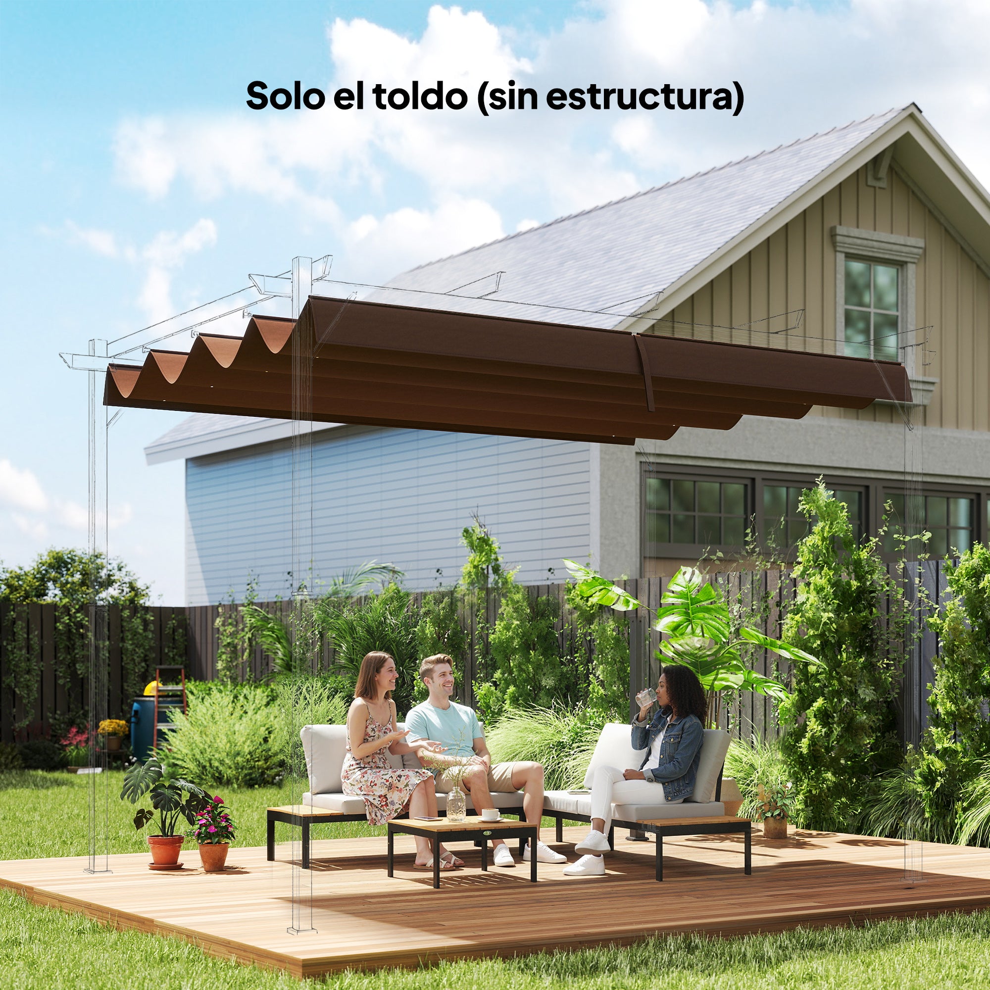 Outsunny Techo de Pérgola 3x2,5 m, Techo de Repuesto Retráctil para Marco de Pérgola de 3x2 m, UV30+, Toldo de Tela Solo para Cenador Jardín con 8 Orificios de Drenaje, Café