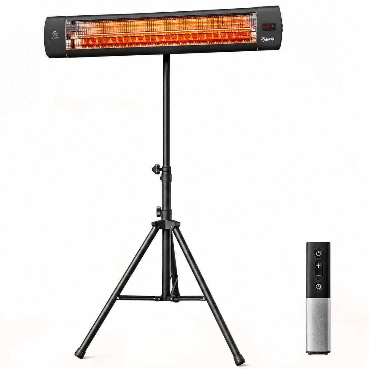 Outsunny Calefactor por Infrarrojos para Terraza 2500 W, Estufa Exterior Eléctrica de Pie de Aluminio con IP65, Trípode Regulable, 3 Niveles de Calor, Control Táctil/Remoto, Temporizador 24 H
