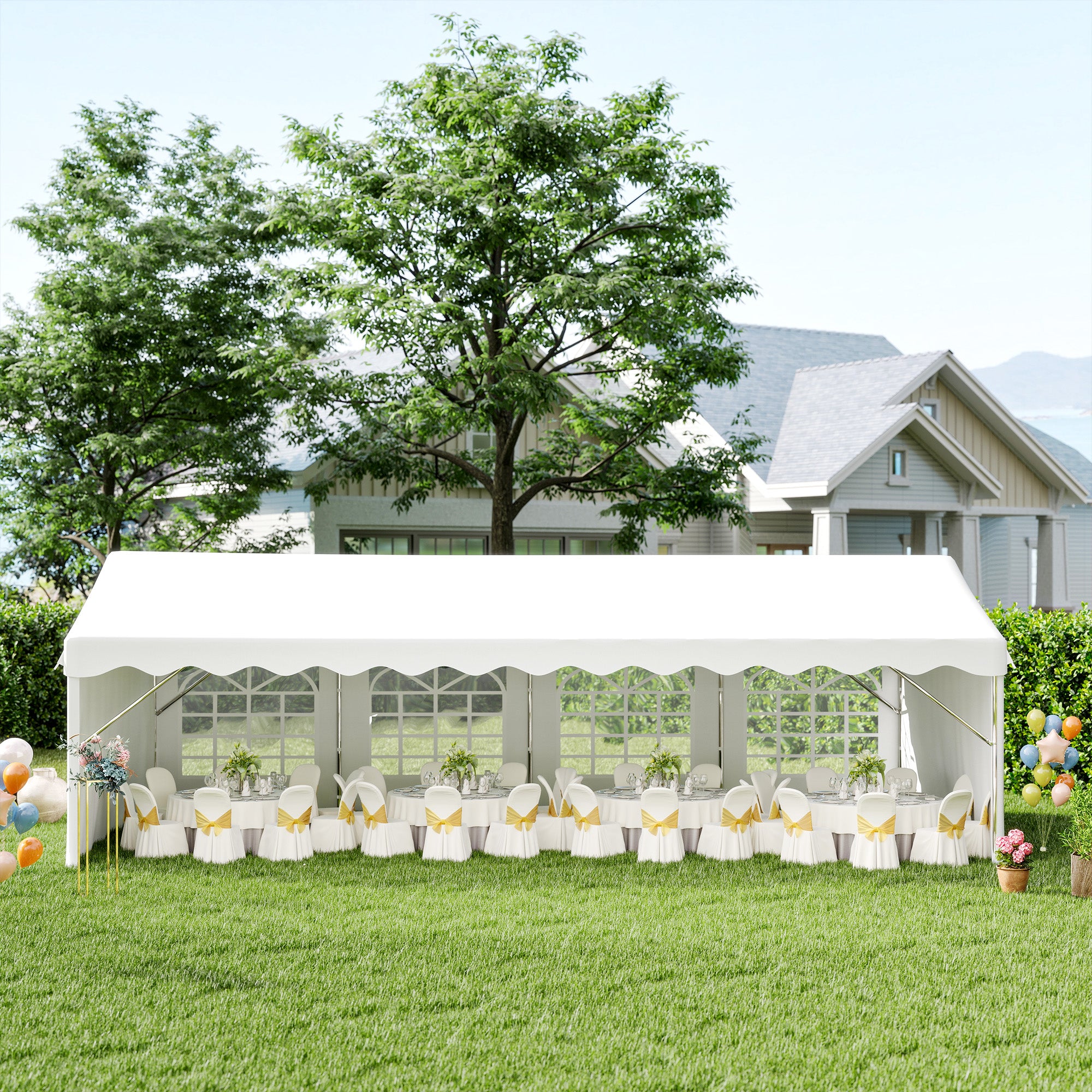 Outsunny Carpa para Fiestas 8x4 m Cenador de Jardín con 4 Paneles Laterales y 8 Ventanas Anti-UV Pabellón Pérgola Cochera Gazebo para Eventos Bodas Blanco