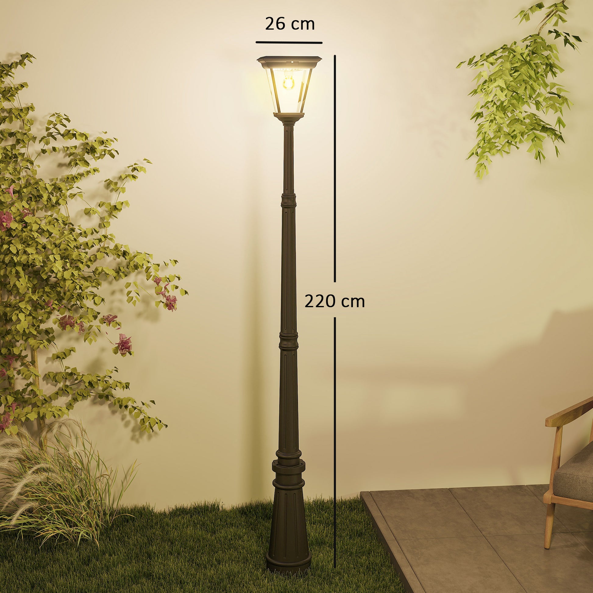Outsunny Farola Solar Exterior Luz Solar Exterior Jardín de Aluminio y Vidrio con Panel Solar Luces LED Encendido y Apagado Automático Sensor de Movimiento Impermeable IP44 para Terraza 26x24x220 cm